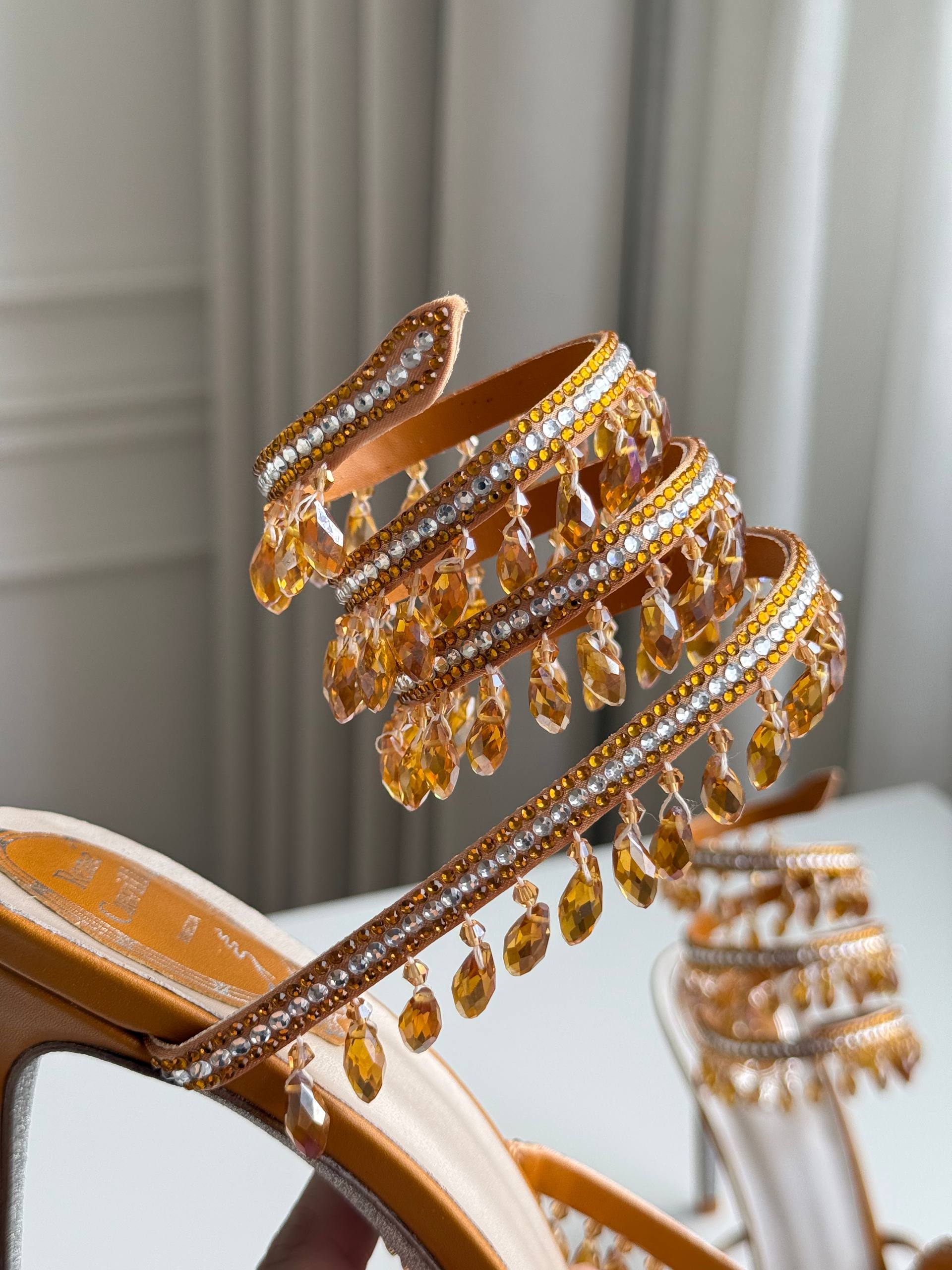Rene Caovilla Champagne Crystal Ankle Wrap Fringe High Heel Sandals