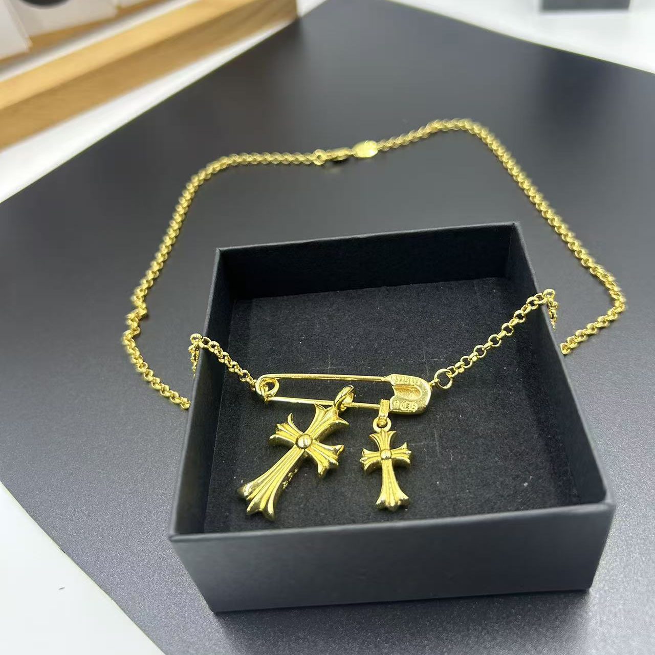 CHROME HEARTS 22K GOLD DOUBLE CROSS PENDANT NECKLACE WITH FULL DIAMOND EMBELLISHMENT
