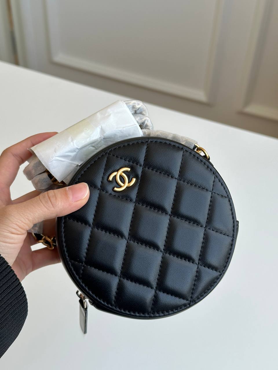 Chanel Classic Quilted Round Coin Purse on Chain / Round Clutch with Chain