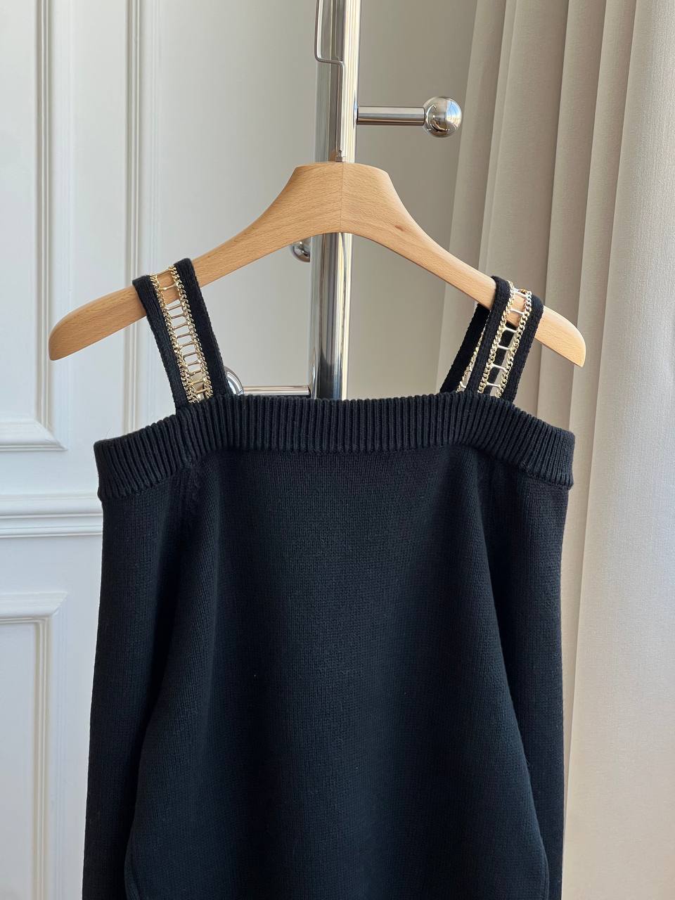 Chanel Chain-Trimmed Off-the-Shoulder Knit Top