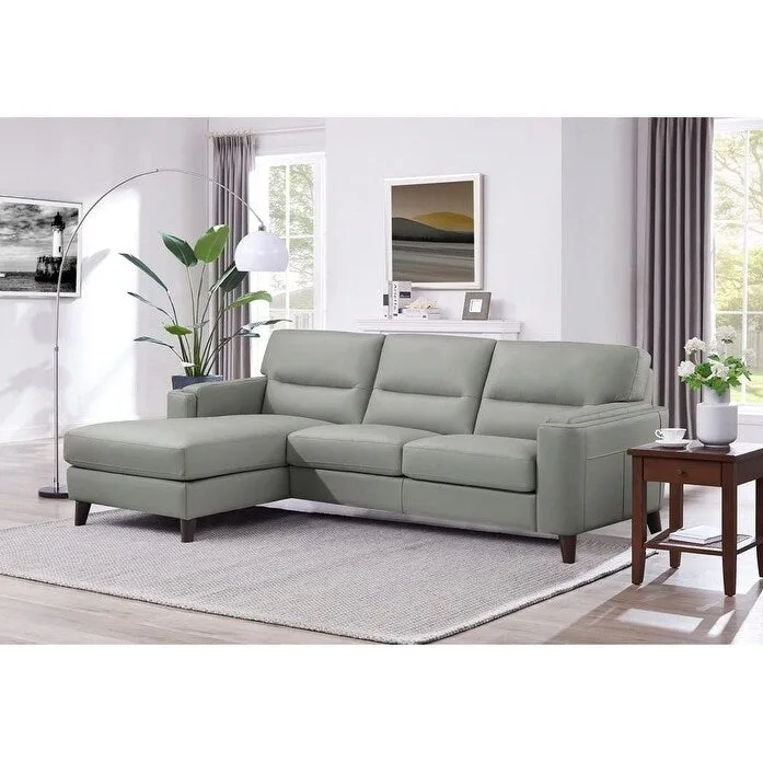 Canapé d'angle en cuir pleine fleur Hydeline Elm avec chaise longue, plumes, mousse à mémoire de forme et ressorts