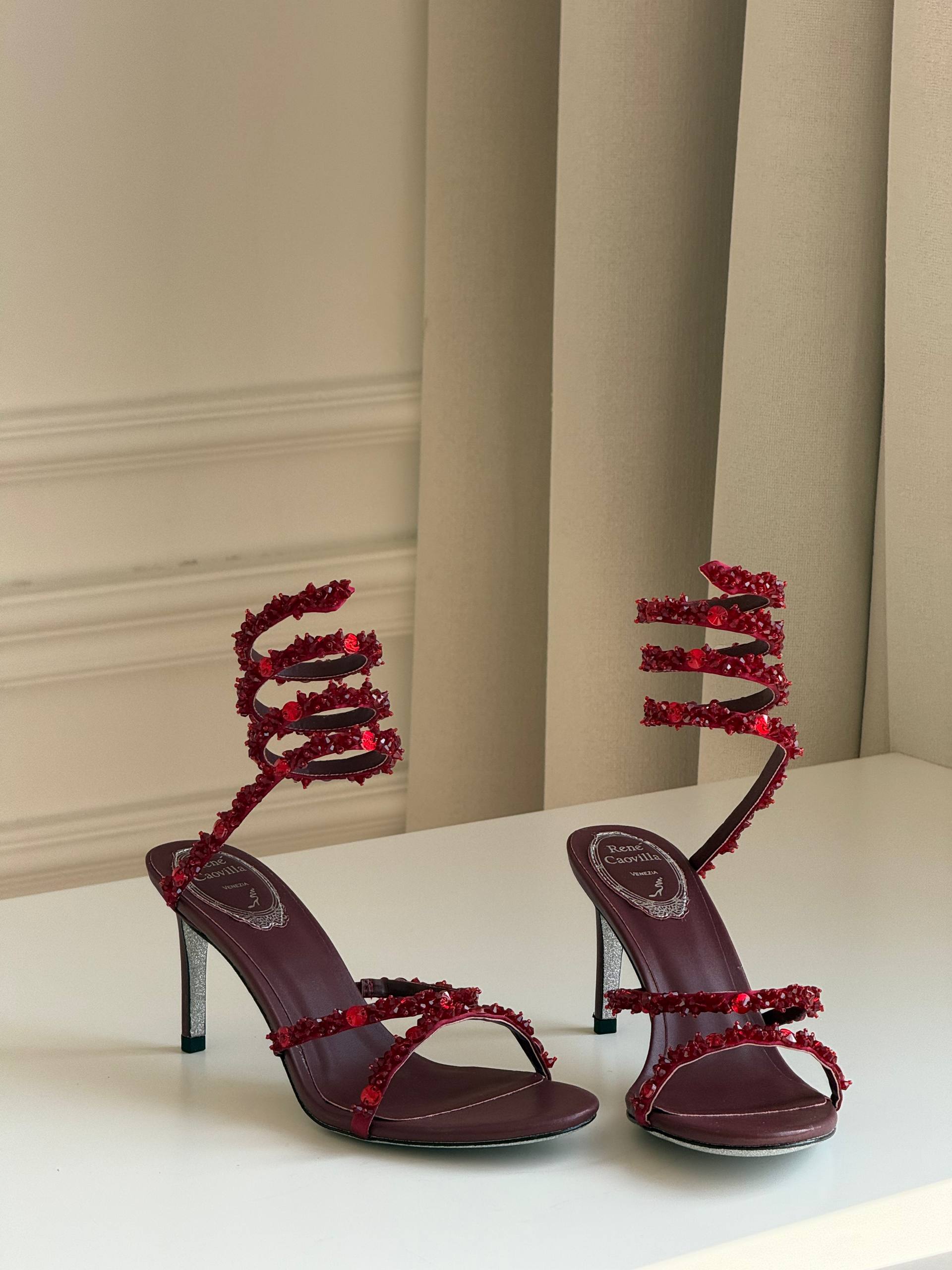 René Caovilla Cleo Burgundy Crystal Coil Strap Sandals