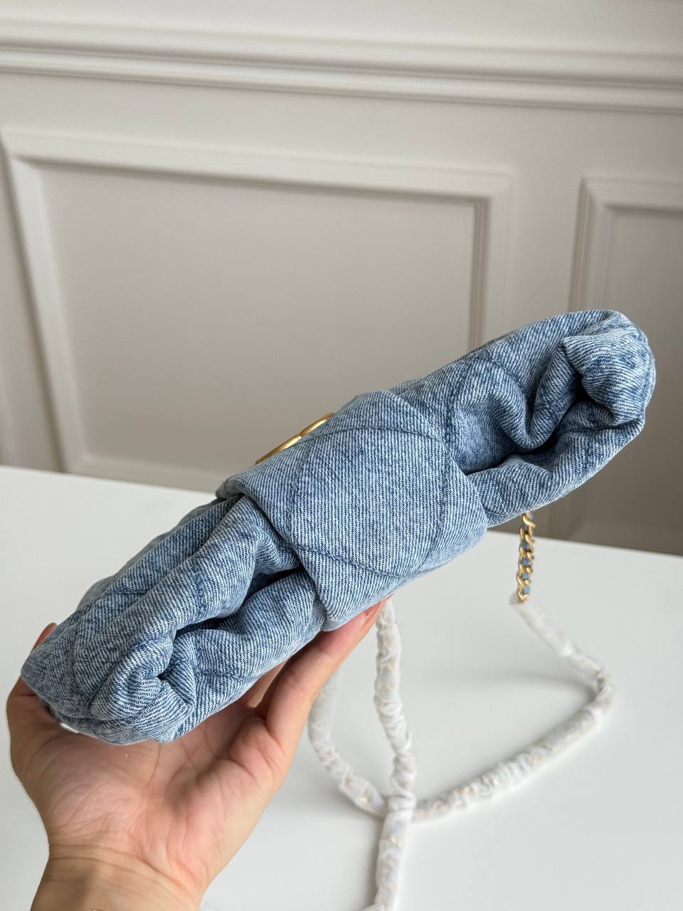 Chanel 25K Quilted Denim Bow Chain Handbag