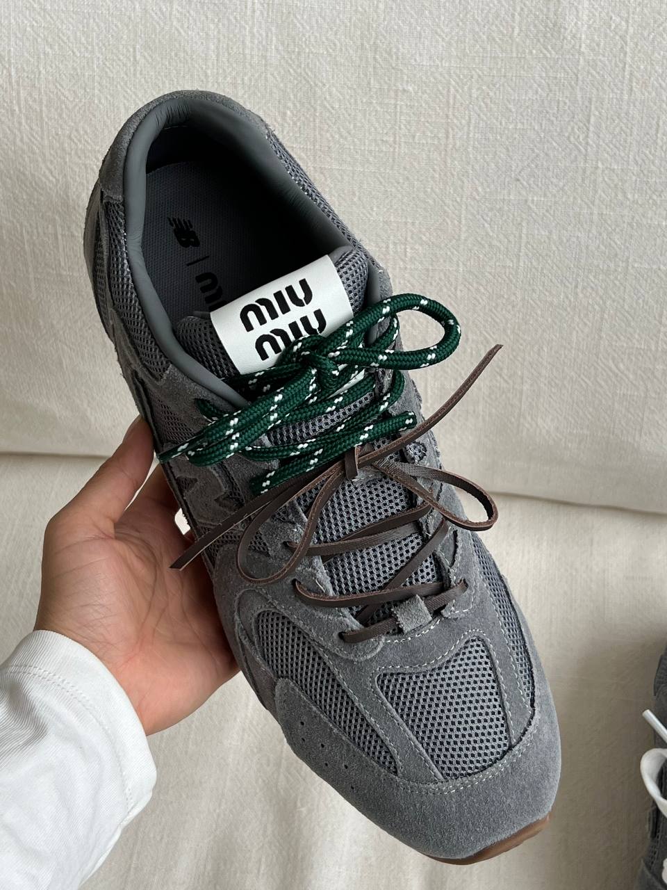 Miu Miu Grey Suede & Mesh Panel Triple Laces Retro Low Top Sneakers