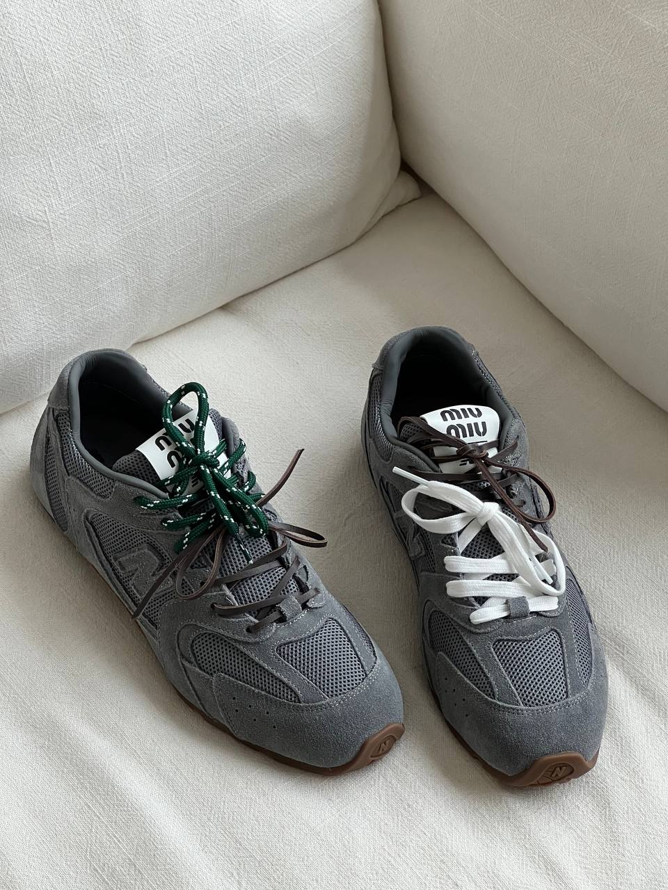 Miu Miu Grey Suede & Mesh Panel Triple Laces Retro Low Top Sneakers