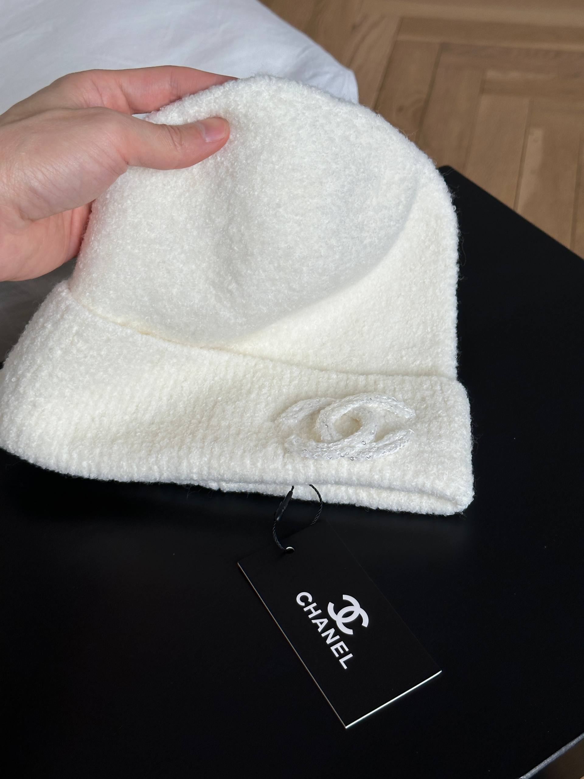 Chanel Off-white Cuffed Wool Blend CC Embroidery Beanie Hat