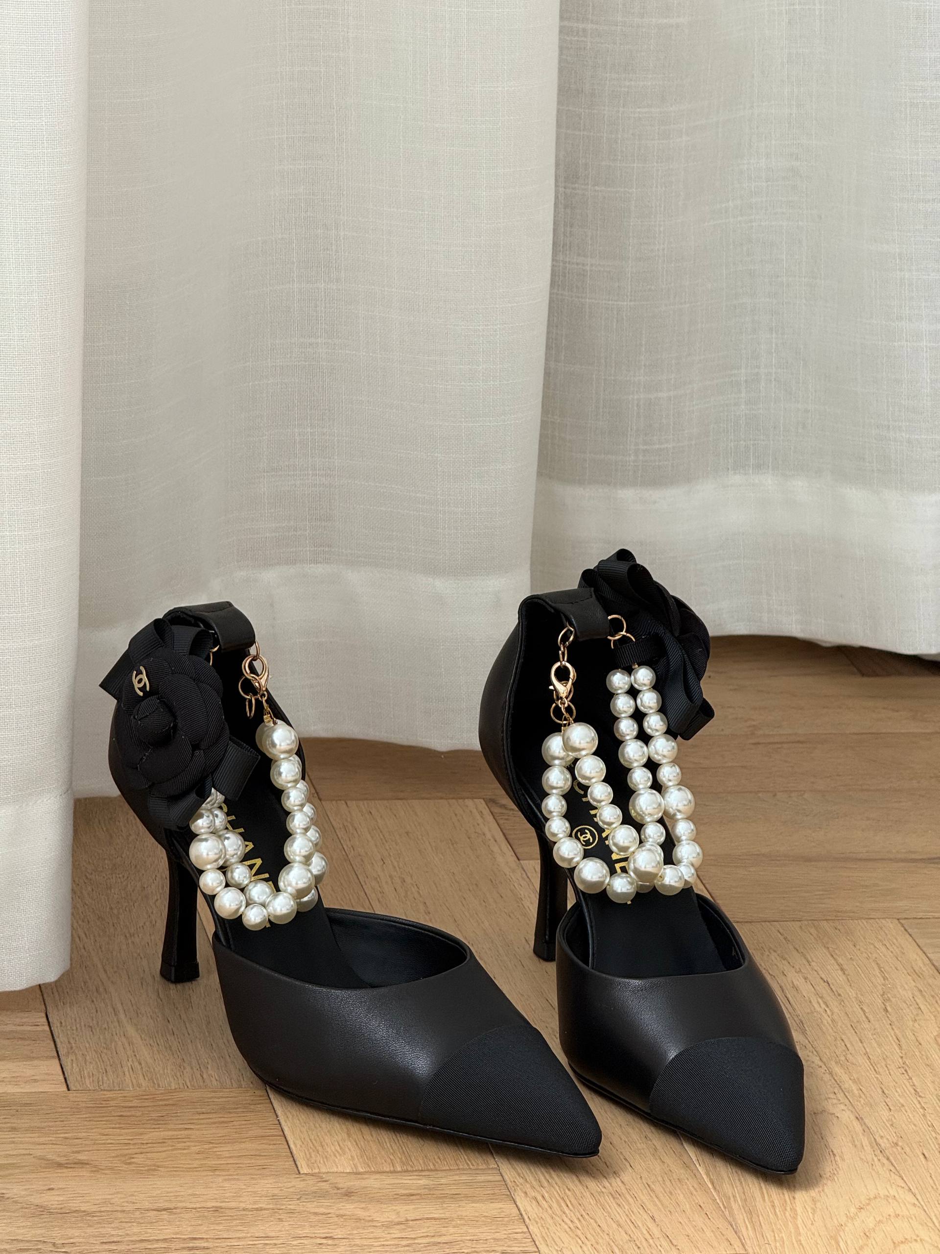 CHANEL Camellia Bow Pearl Ankle Strap Pointed Toe High Heel Sandals