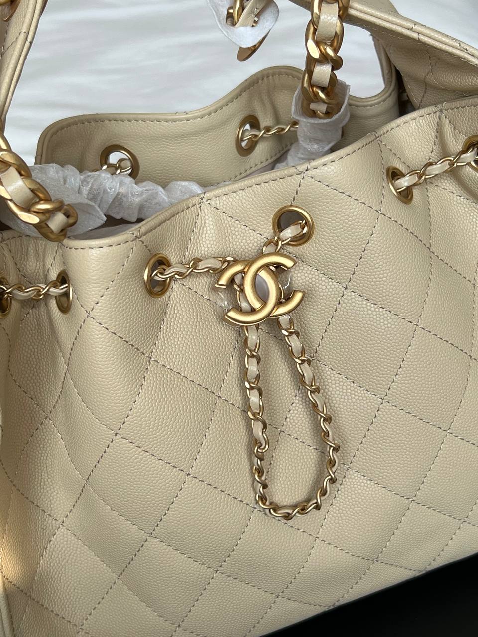 Chanel Beige Caviar Leather Drawstring Bucket Bag