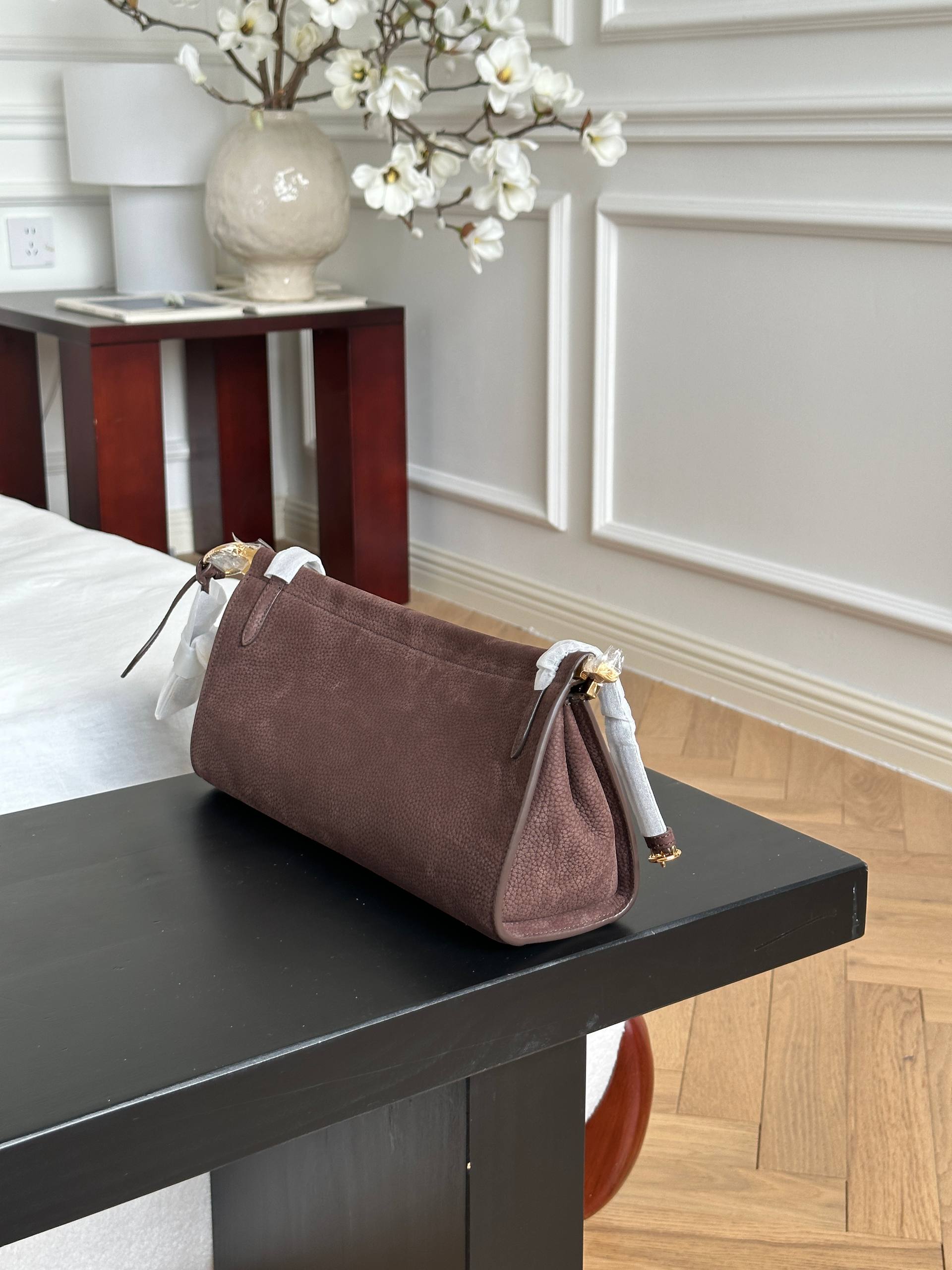 ALAIA Dark Brown Grained Leather Long Baguette Shoulder Bag