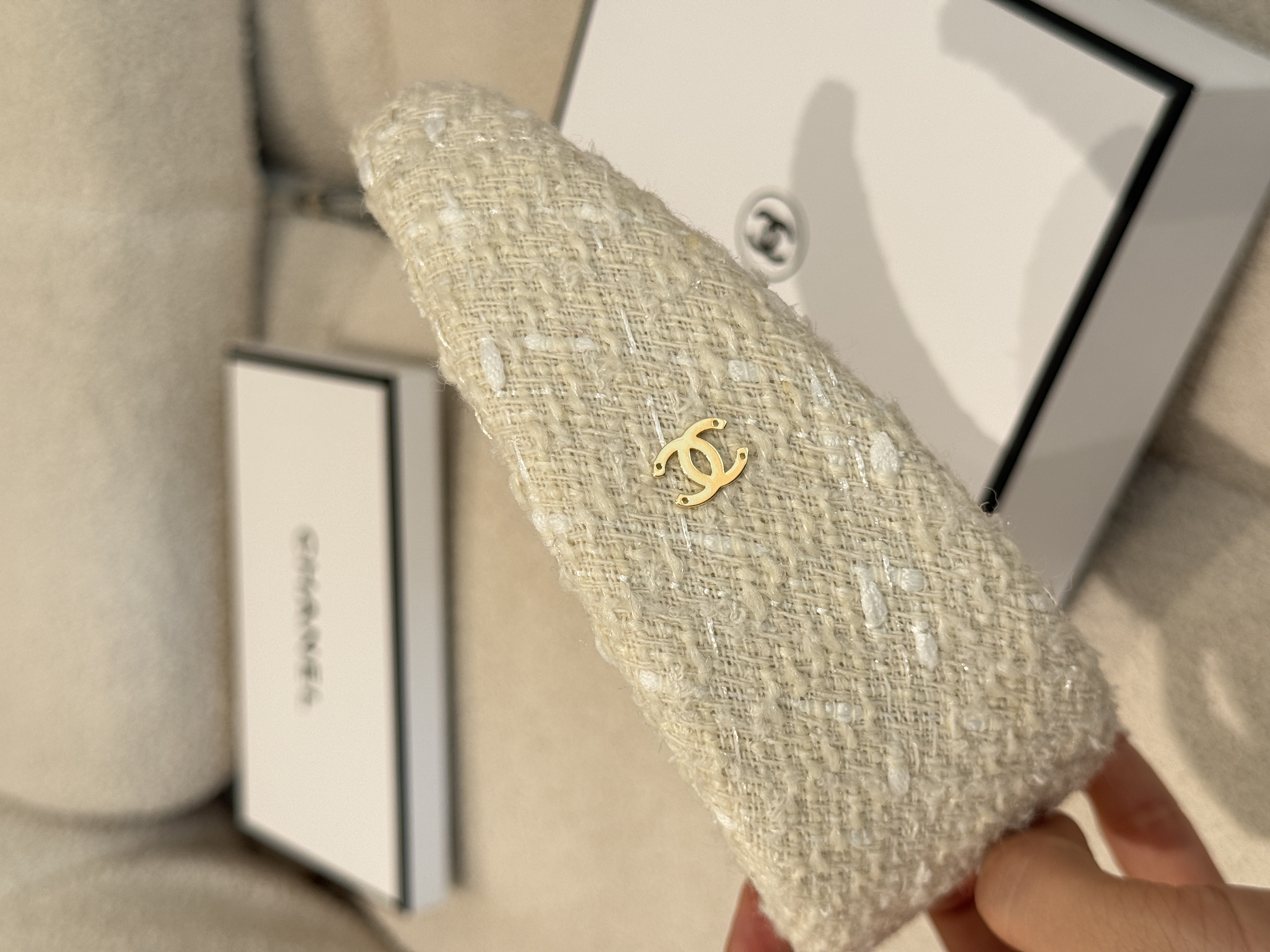 Chanel Off-White Tweed Wide Headband