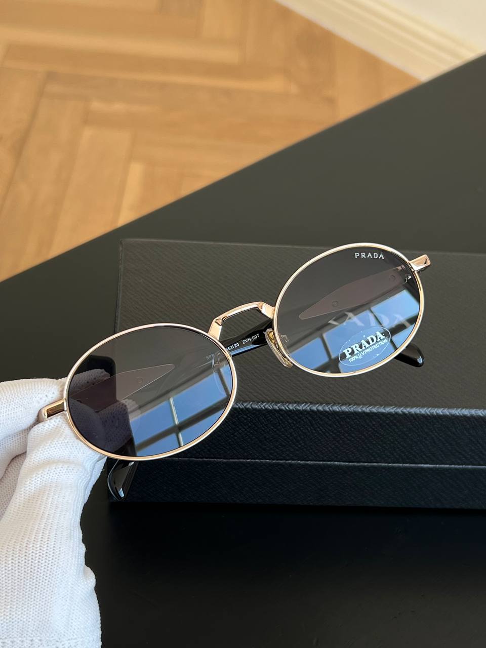 Prada Thin Gold Metal Oval Frame Vintage Sunglasses With Dark Grey Lenses