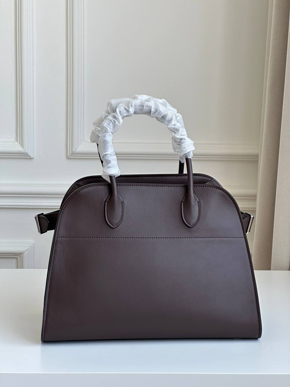 Dark Brown Smooth Calfskin Minimalist Double Handle Tote Handbag With Detachable Wide Shoulder Strap