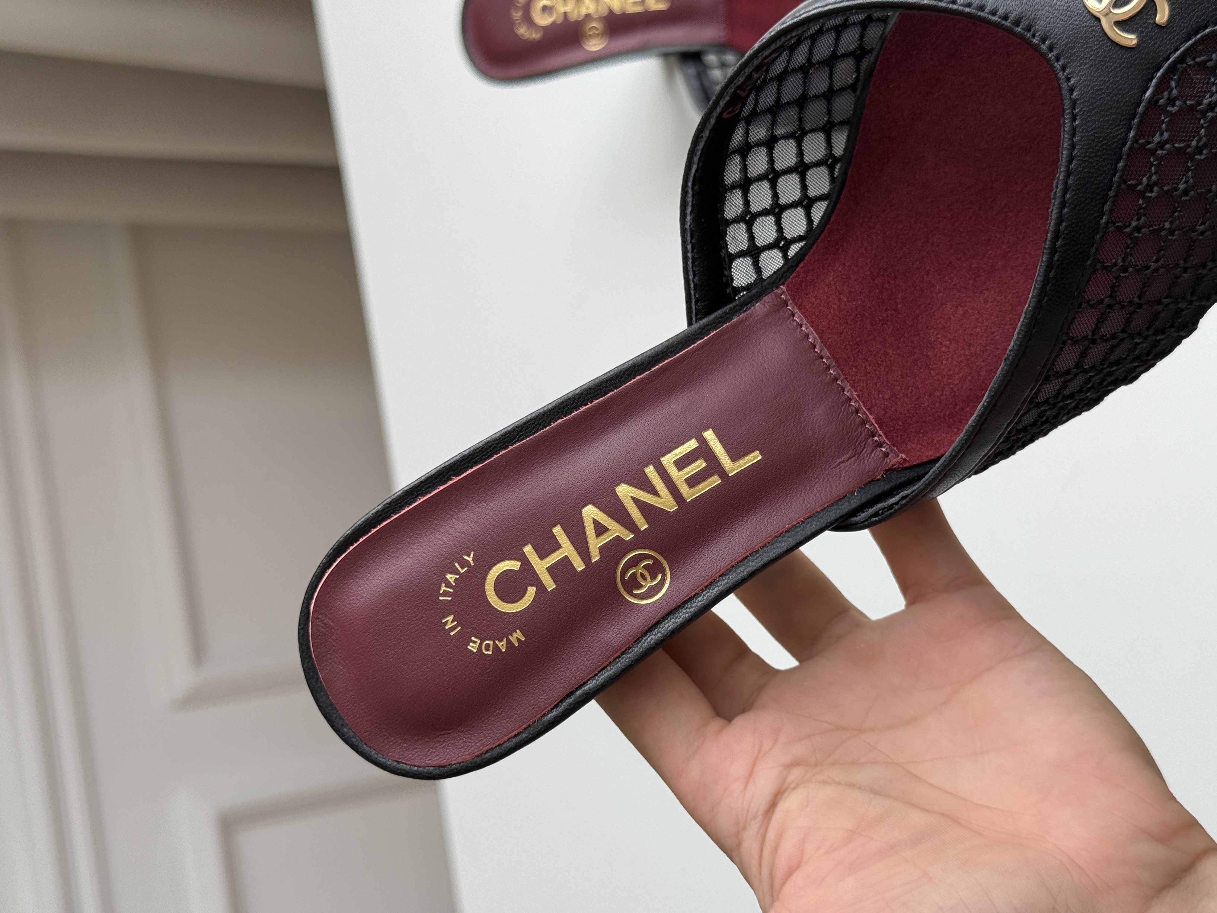 CHANEL Mesh Peep-Toe Block-Heel Mules