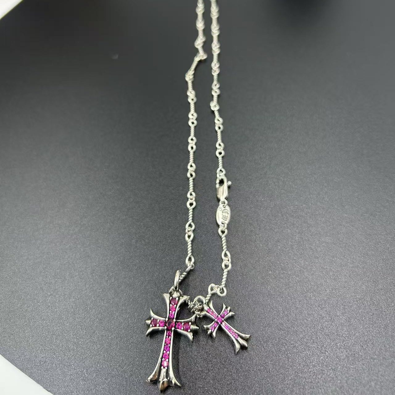 CHROME HEARTS PINK DIAMOND DOUBLE CROSS LAYERED NECKLACE
