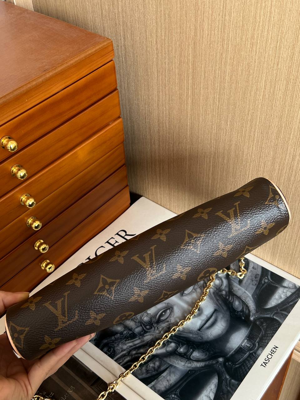 Louis Vuitton Monogram Zip Shoulder Bag with Gold Nameplate Chain Strap