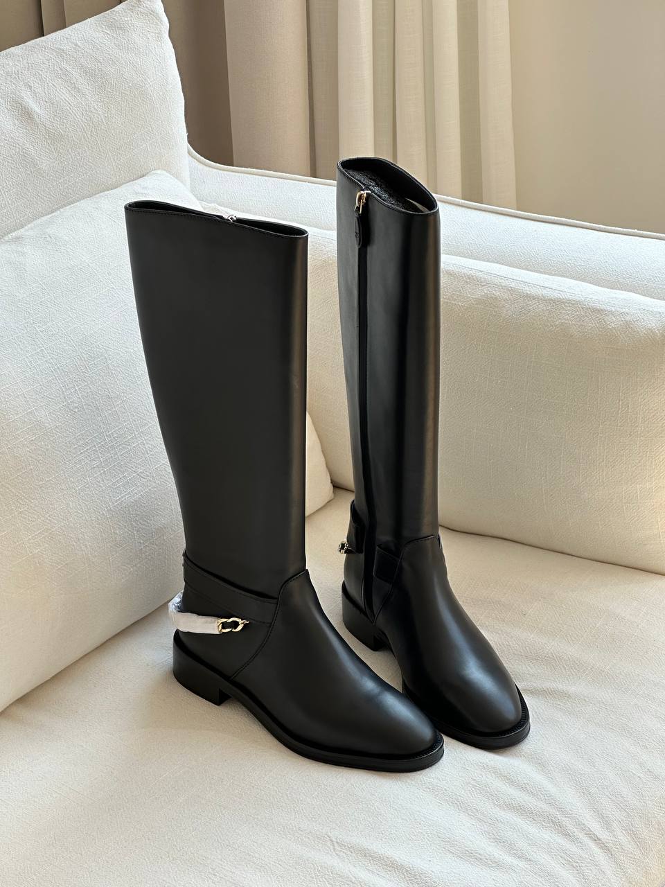 Black Smooth Leather Metal Buckle Side Zip Low Heel Knee-High Riding Boots