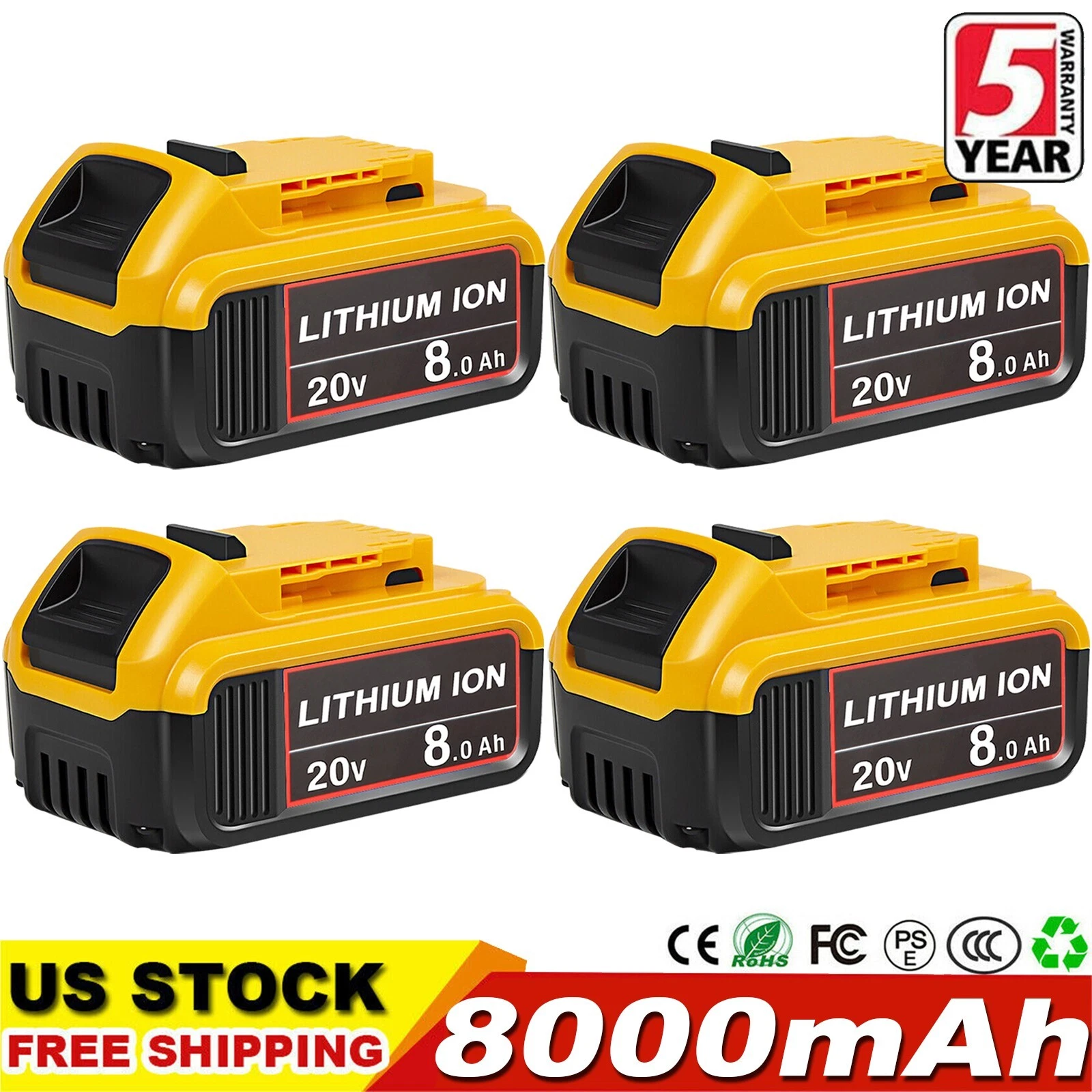 4 pieces suitable for DeWalt 20V 20V Max XR 8 AH lithium-ion battery pack DCB206-2 DCB205-2