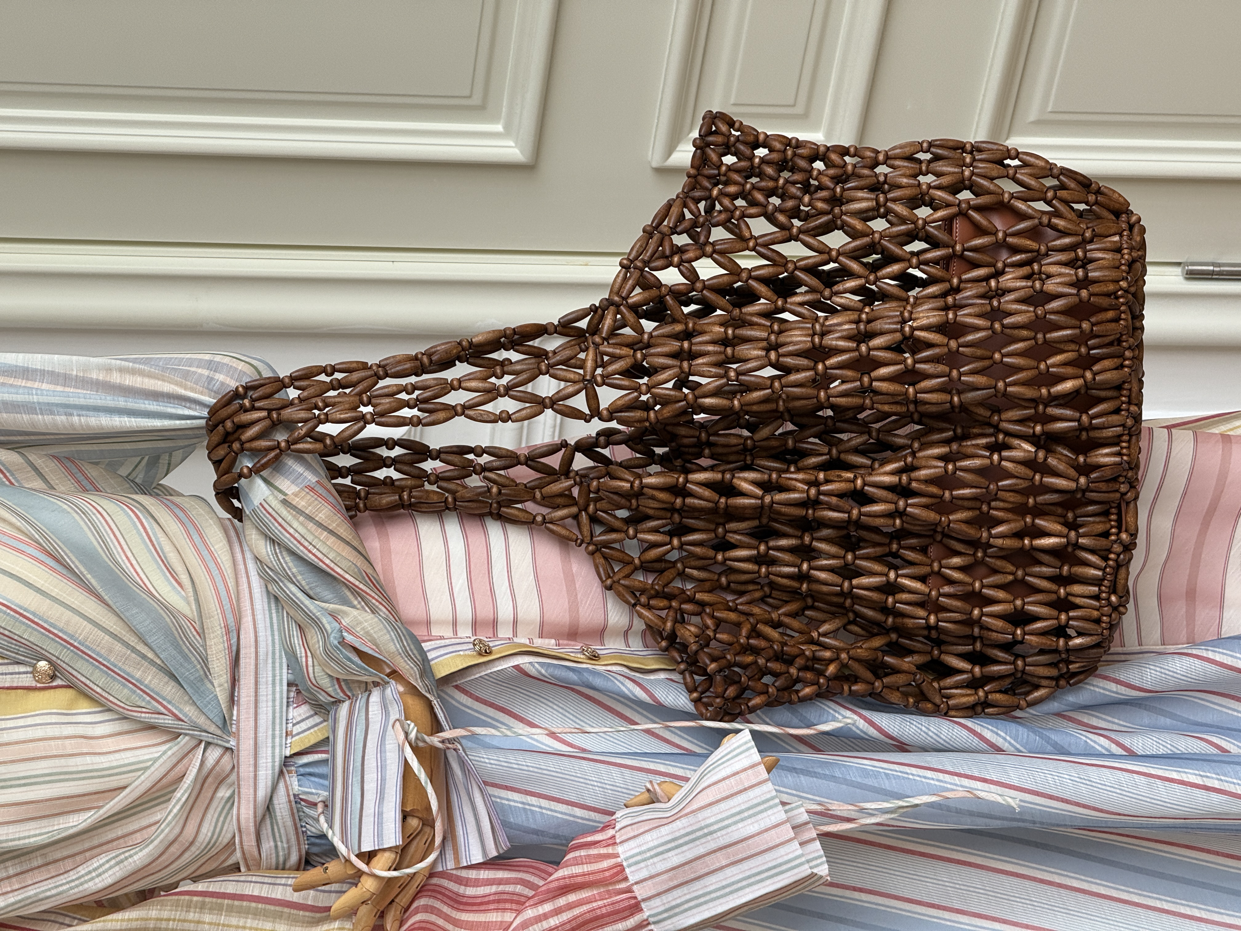 YSL Wooden Bead Open-Weave Tote Beach Bag