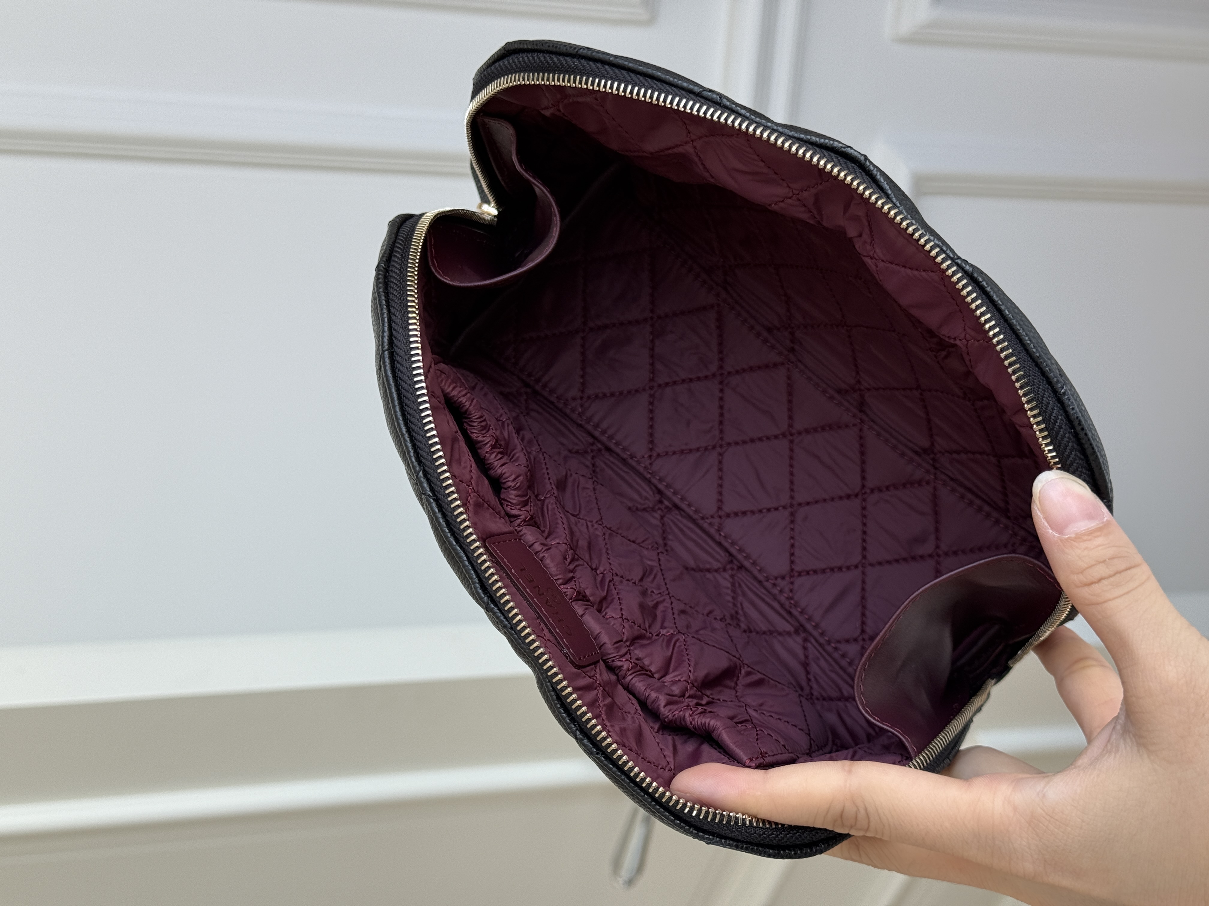 CHANEL Classic Quilted Caviar Leather Shell Cosmetic Pouch