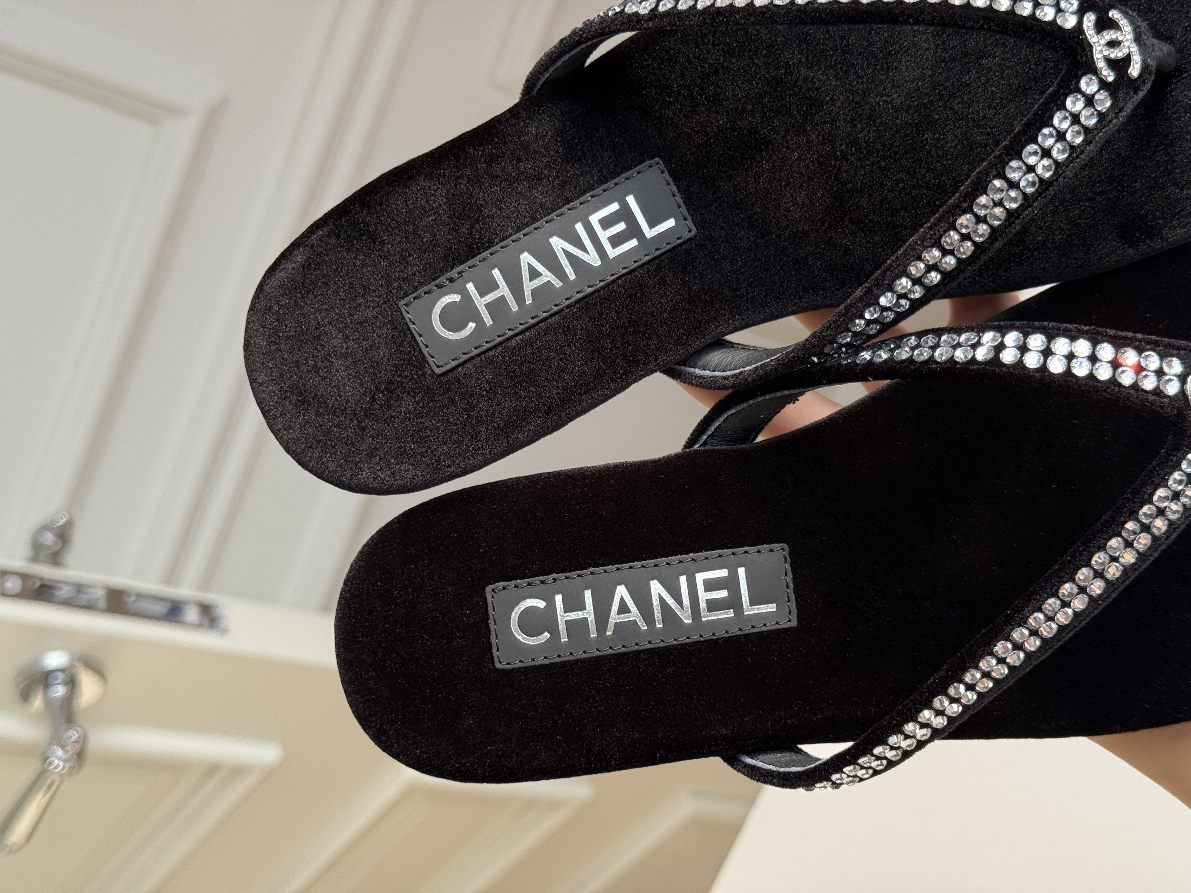Chanel Velvet Flip-Flop Sandals with Strass and CC Logo