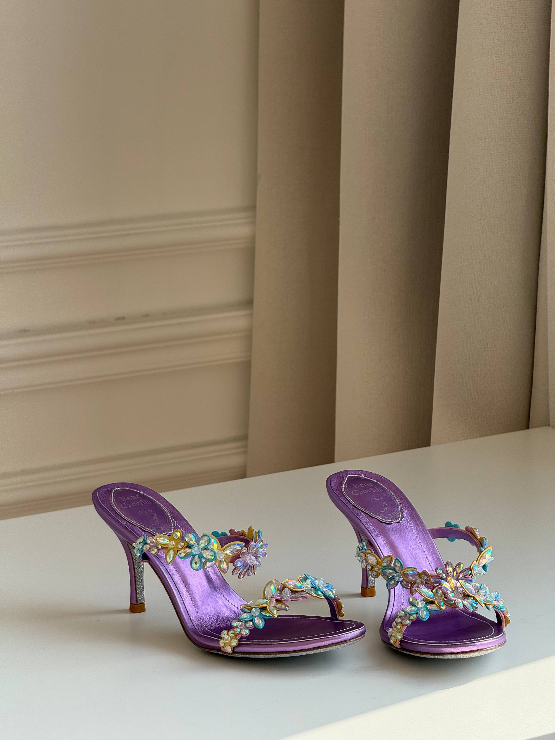 René Caovilla Eden 80 Metallic Purple Leather Floral Crystal Mules