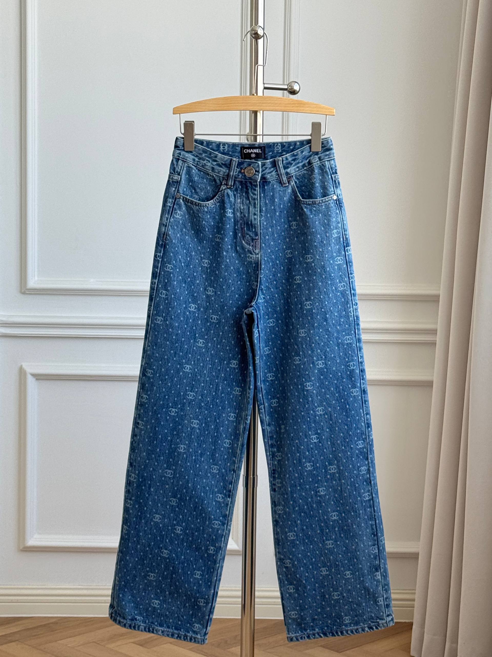 Chanel All-Over CC Monogram Print High-Waisted Wide-Leg Jeans