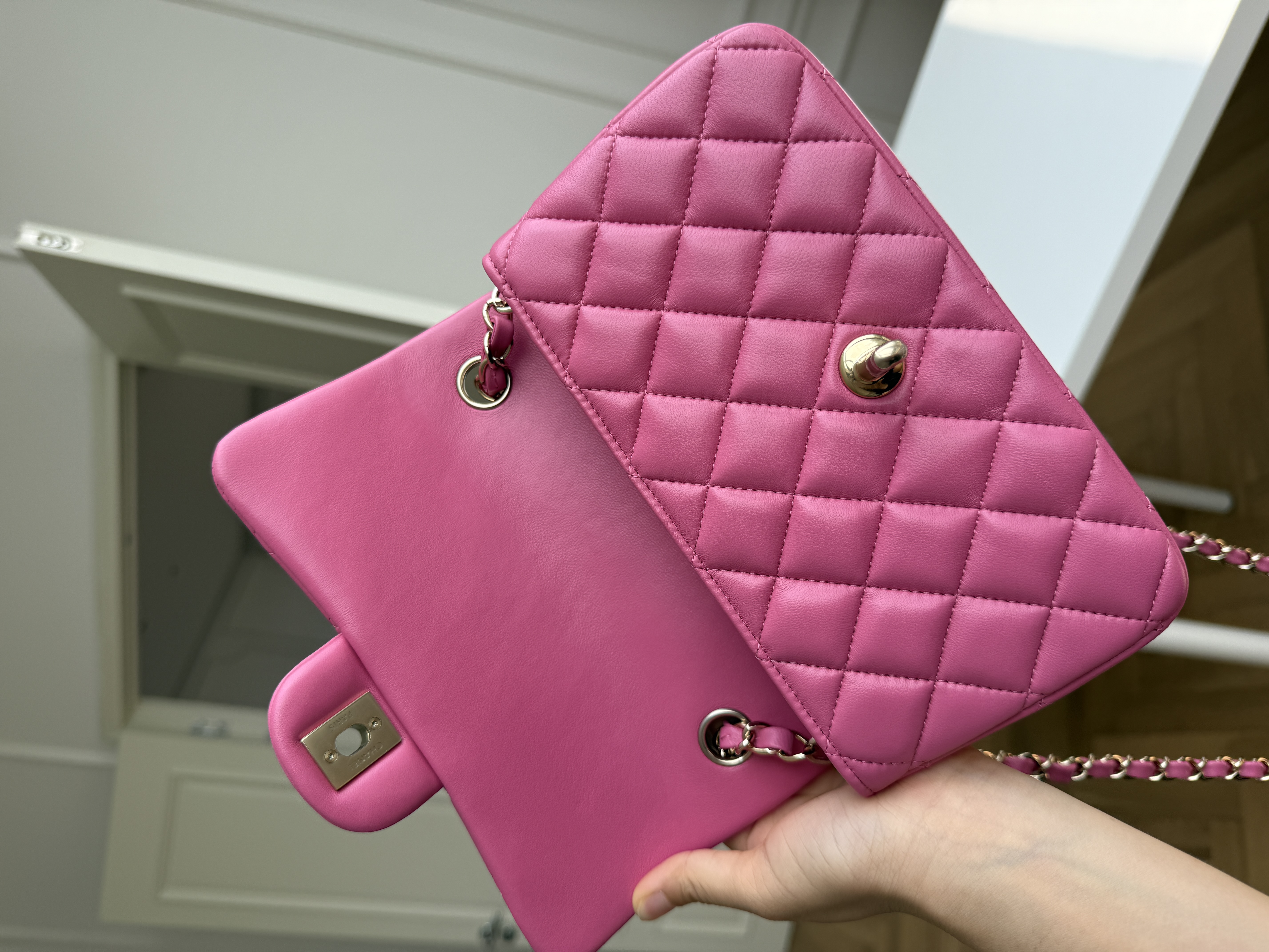 Chanel Hot Pink Lambskin Mini Classic Flap Gold CC Chain Bag