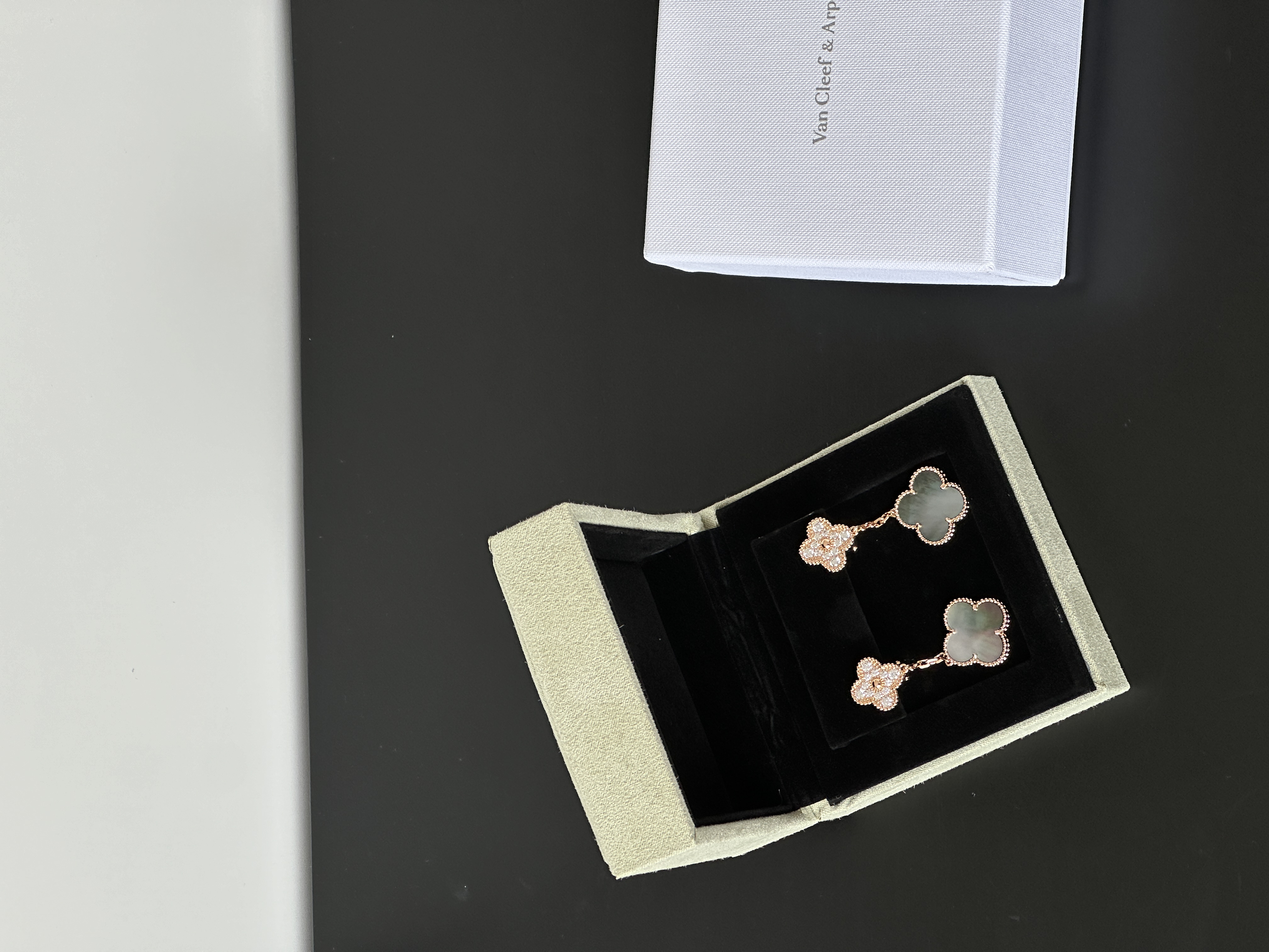 Van Cleef & Arpels Vintage Alhambra Rose Gold Diamond Grey Mother-of-Pearl Drop Earrings