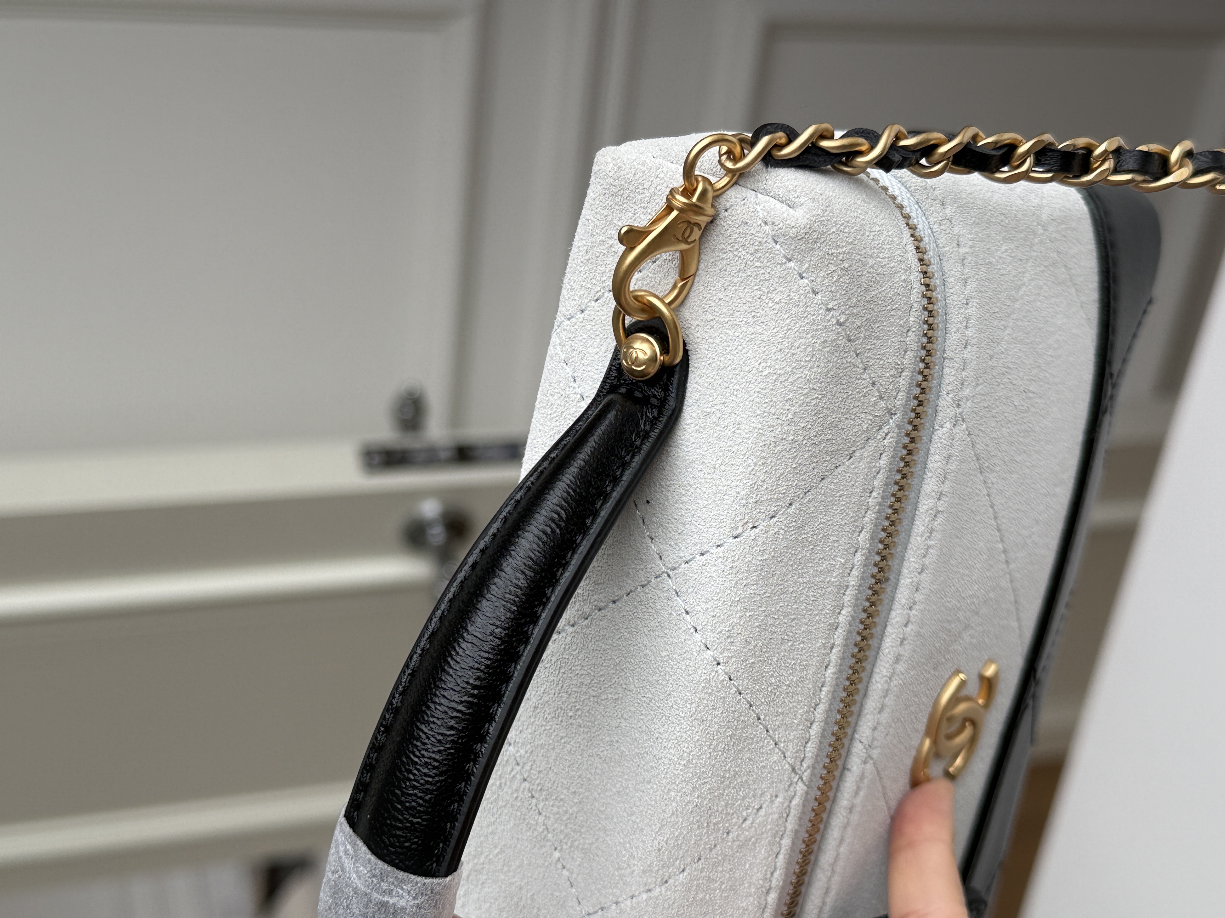 CHANEL Two-Tone Suede Quilted CC Handle Vanity Case Bag