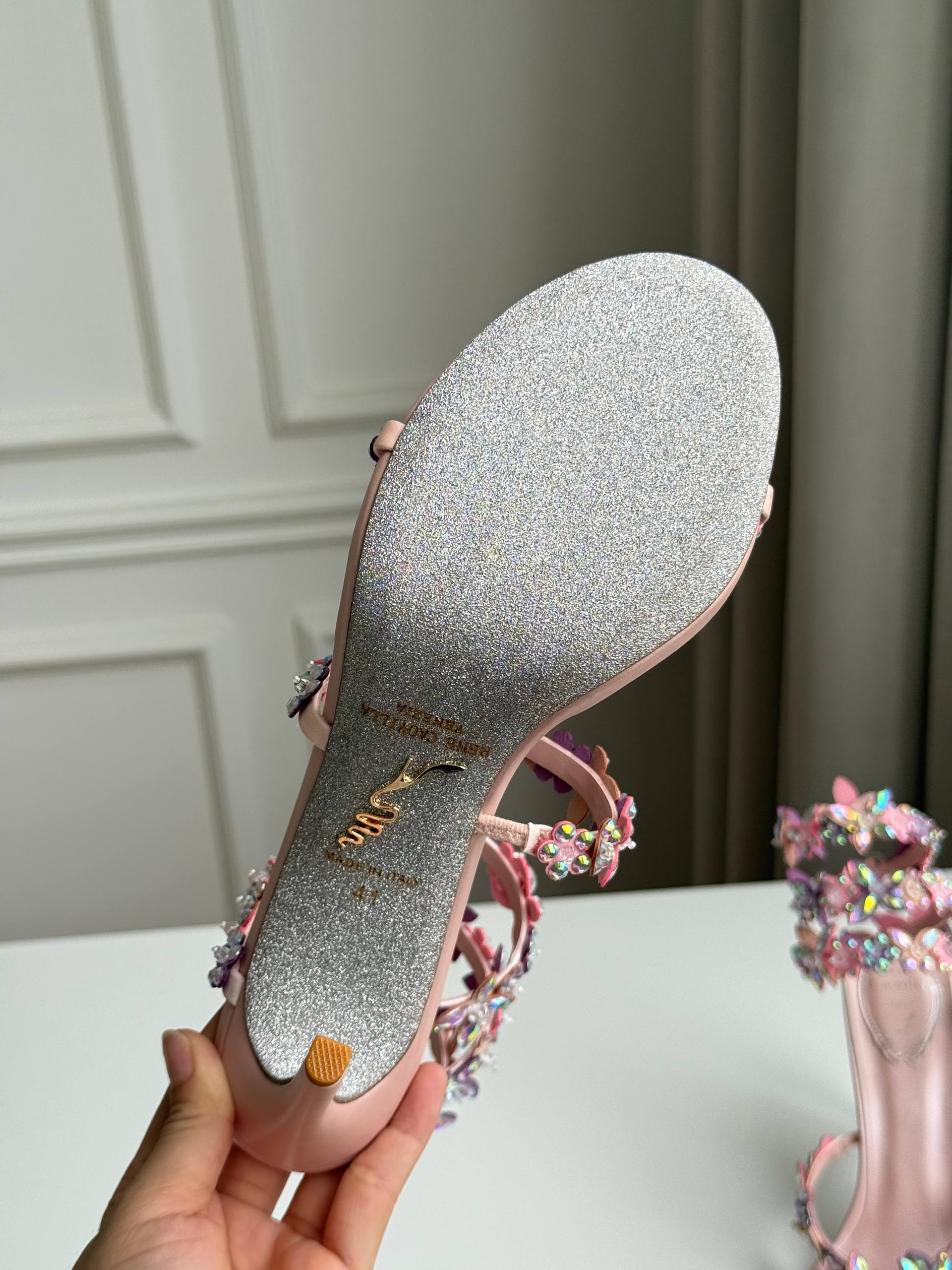 Rene Caovilla Iridescent Crystal Butterfly Wrap-Around Ankle Strap High Heel Sandals