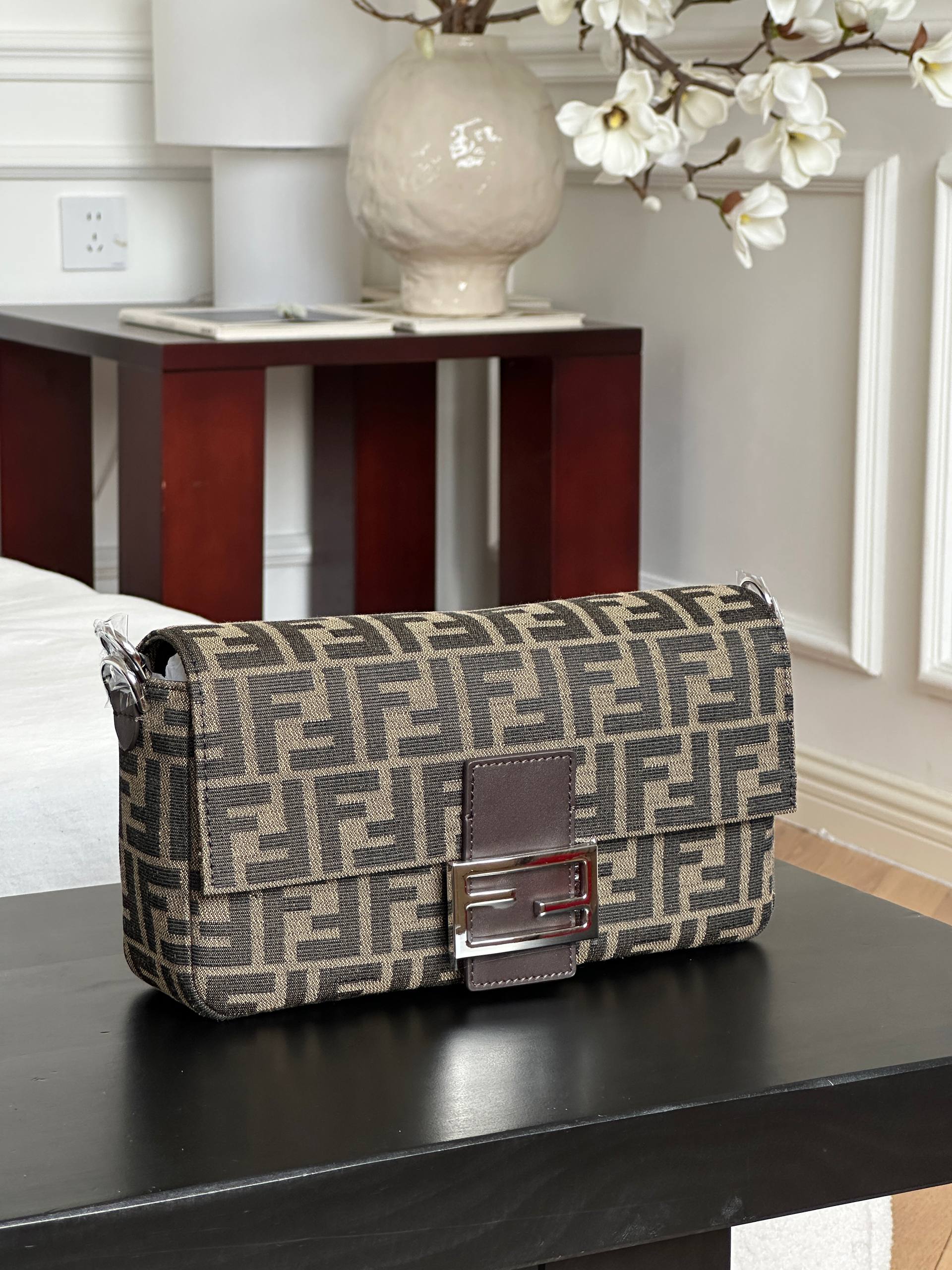 Fendi Vintage FF Jacquard Baguette Medium Shoulder Bag with Silver FF Buckle