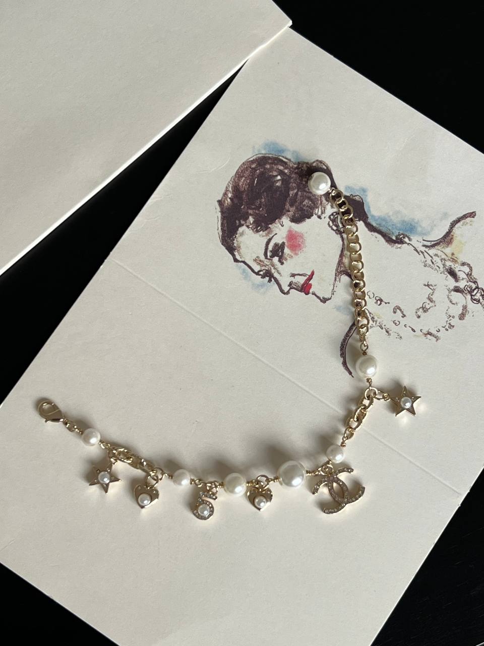 Chanel Light Gold Chain Bracelet With Crystal CC, Pearl, Star, Heart & No.5 Charms Adjustable