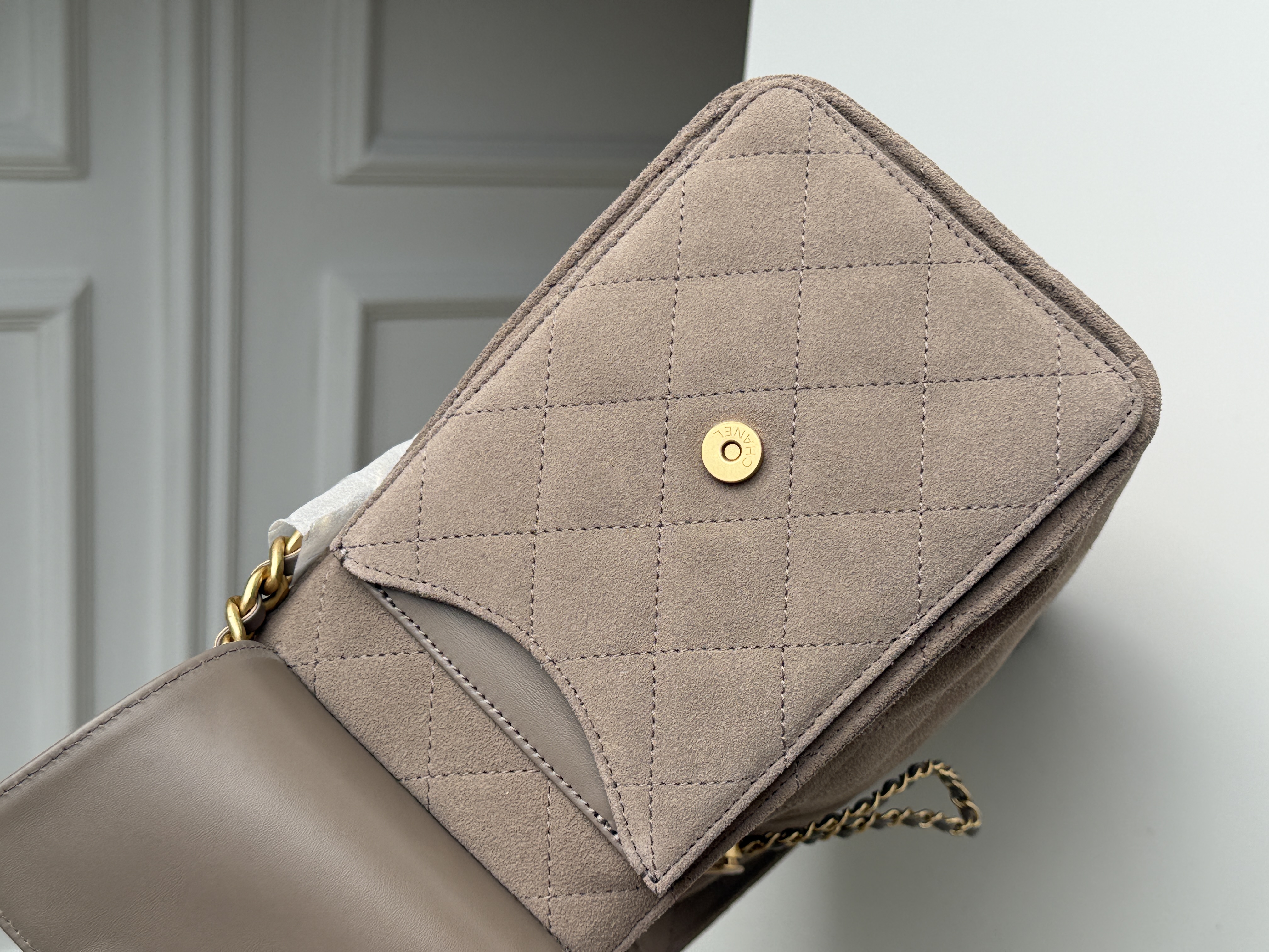 Chanel 25A Suede Quilted Drawstring Hobo Tote Bag