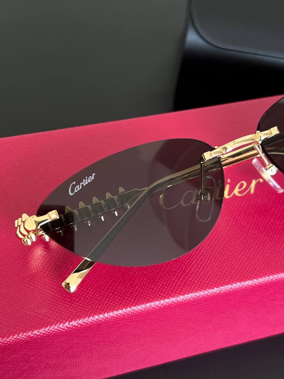 Cartier Gold Panthère Decor Rimless Cat-Eye Dark Grey Lens Sunglasses