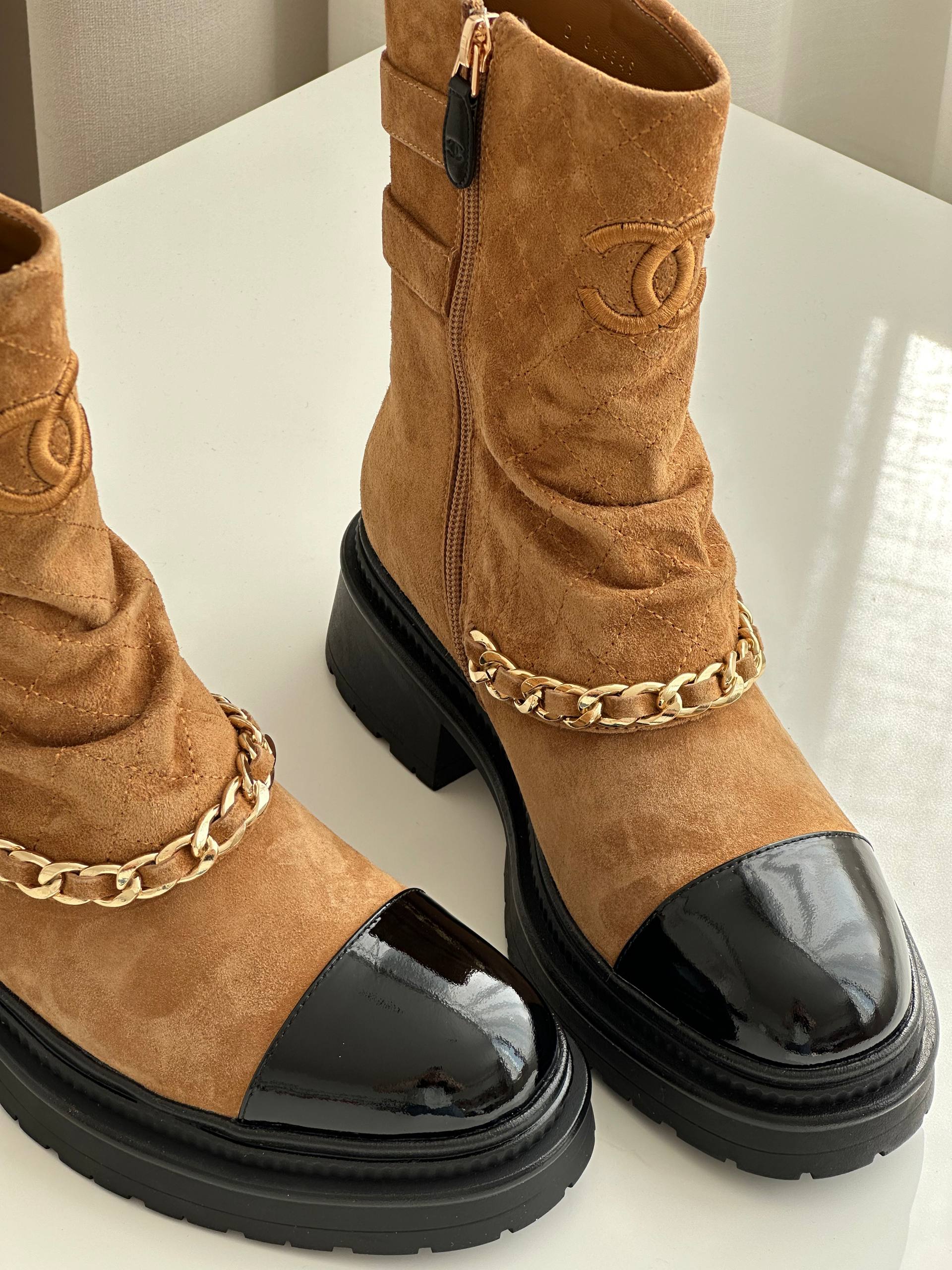 Chanel Quilted Suede & Patent Calfskin Cap-Toe Ankle Boots with Chain Detail