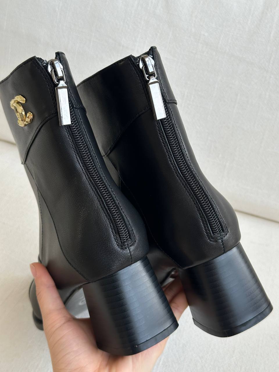 CHANEL Interlocking CC Logo Leather Block-Heel Ankle Boots