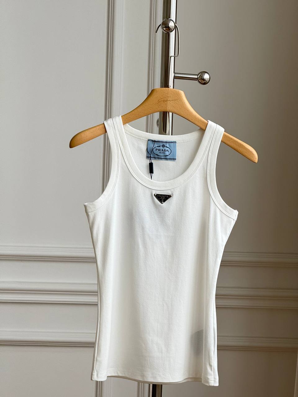 Prada Ribbed Cotton Tank Top with Triangular Logo Plaque