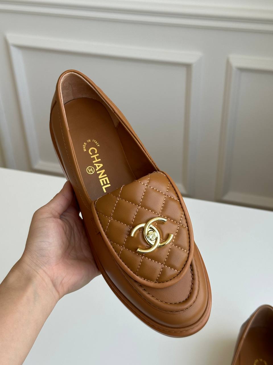 Chanel Caramel Brown Smooth Calfskin Quilted Flap Turn-Lock Gold CC Low-Heel Loafers