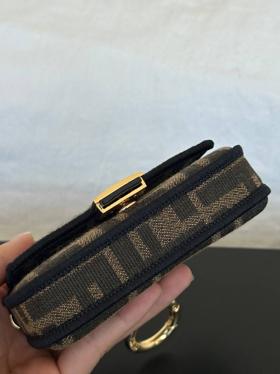 Fendi FF Zucca Canvas Mini Double F Gold Buckle Key Ring Card Coin Pouch