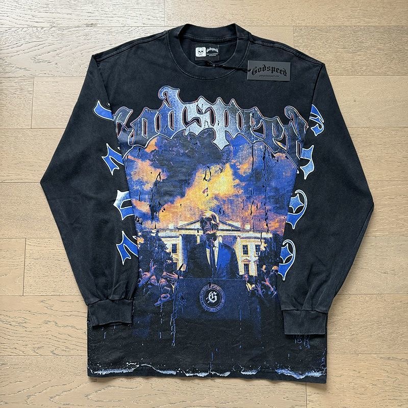 Godspeed Speech Skull Retro Print Washed Water-Damaged Vintage Street Casual Pure Cotton Men's and Women's Long-Sleeved T-Shirt