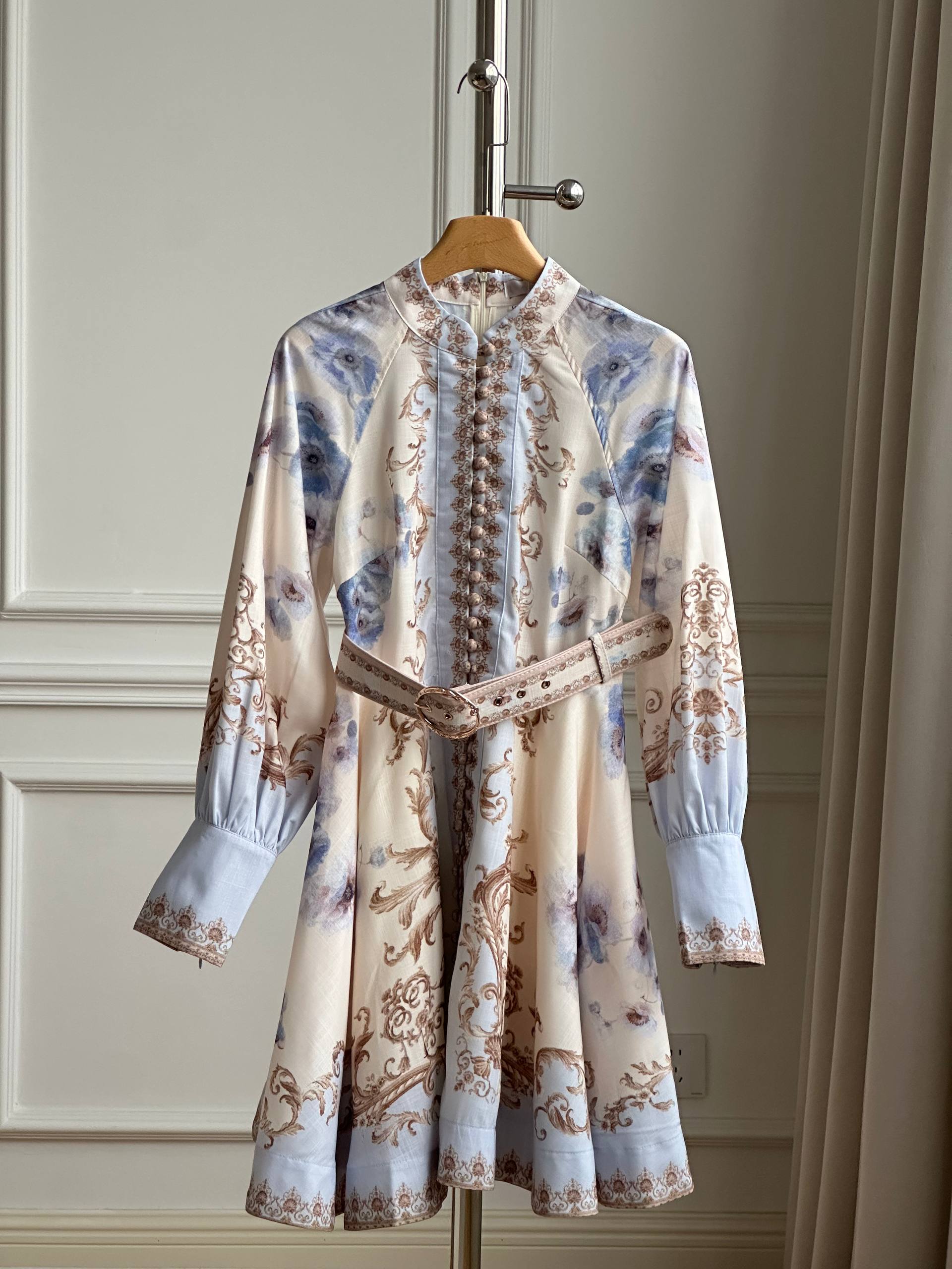 Stand Collar Frog Buttons Vintage Baroque Print Belted Lantern Sleeve Mini Dress