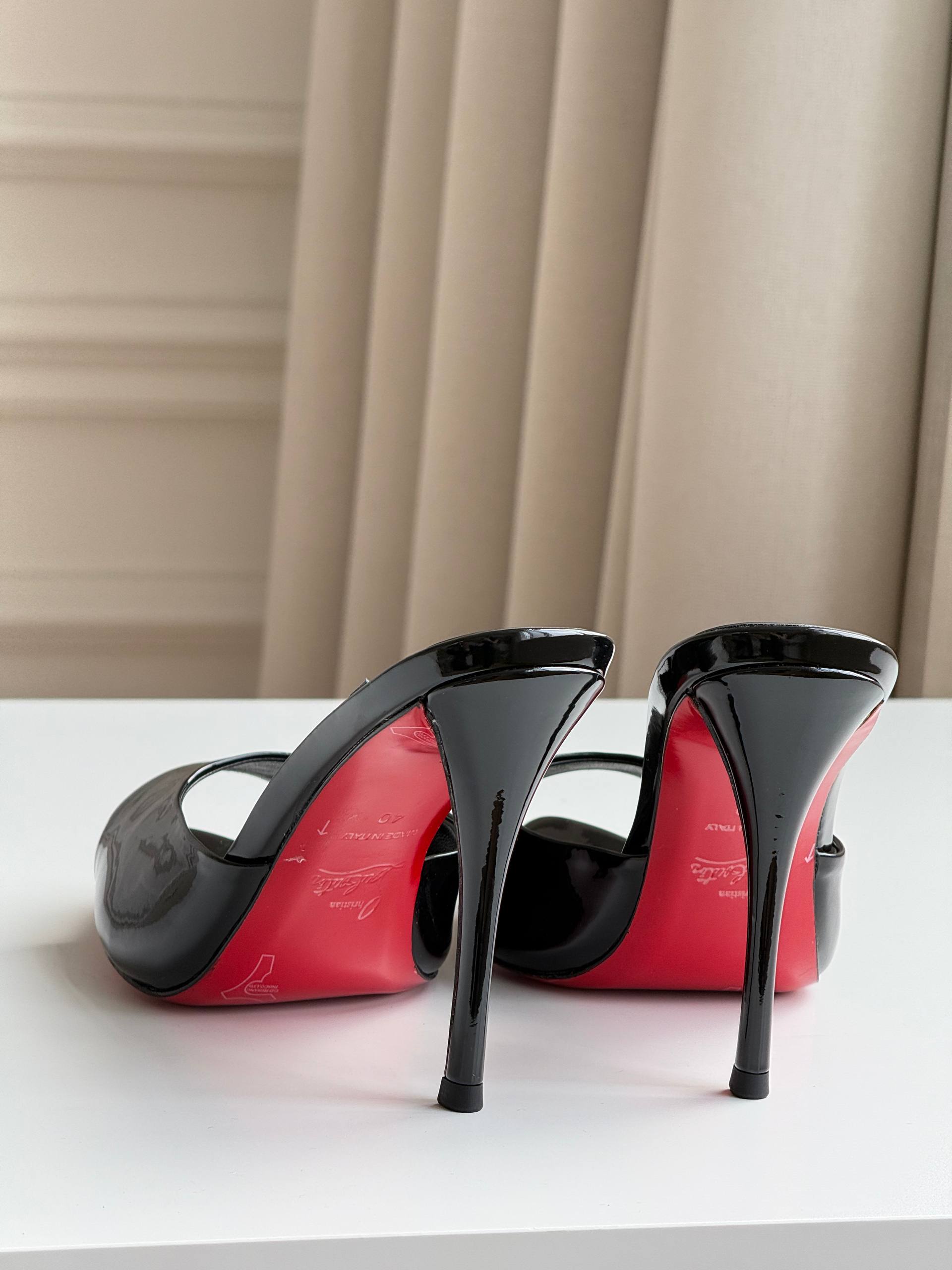Christian Louboutin Black Patent Leather Peep Toe Red Sole Stiletto Mules
