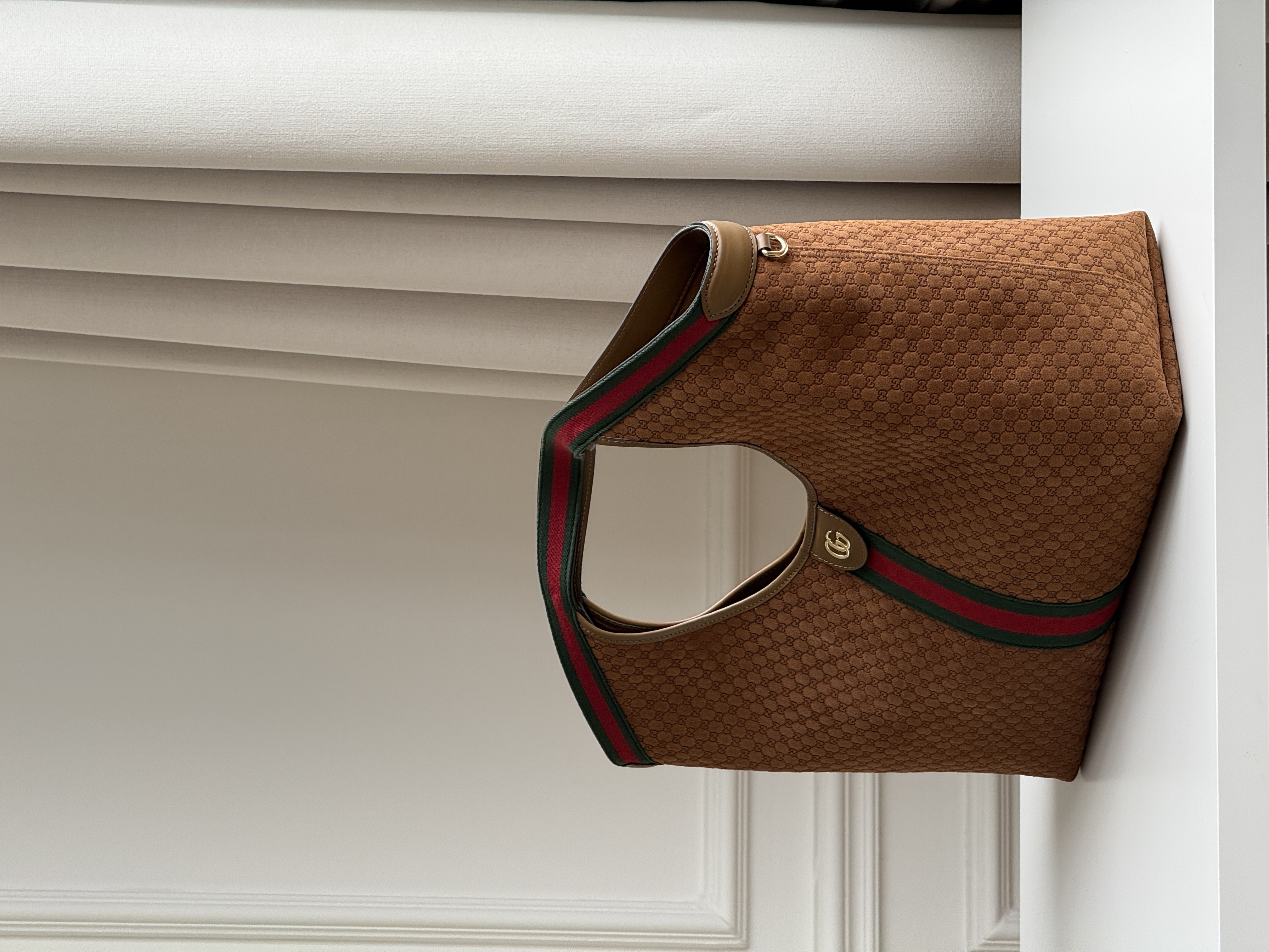Gucci Caramel GG Monogram Suede Tote Handbag With Web Stripe & Double G Logo