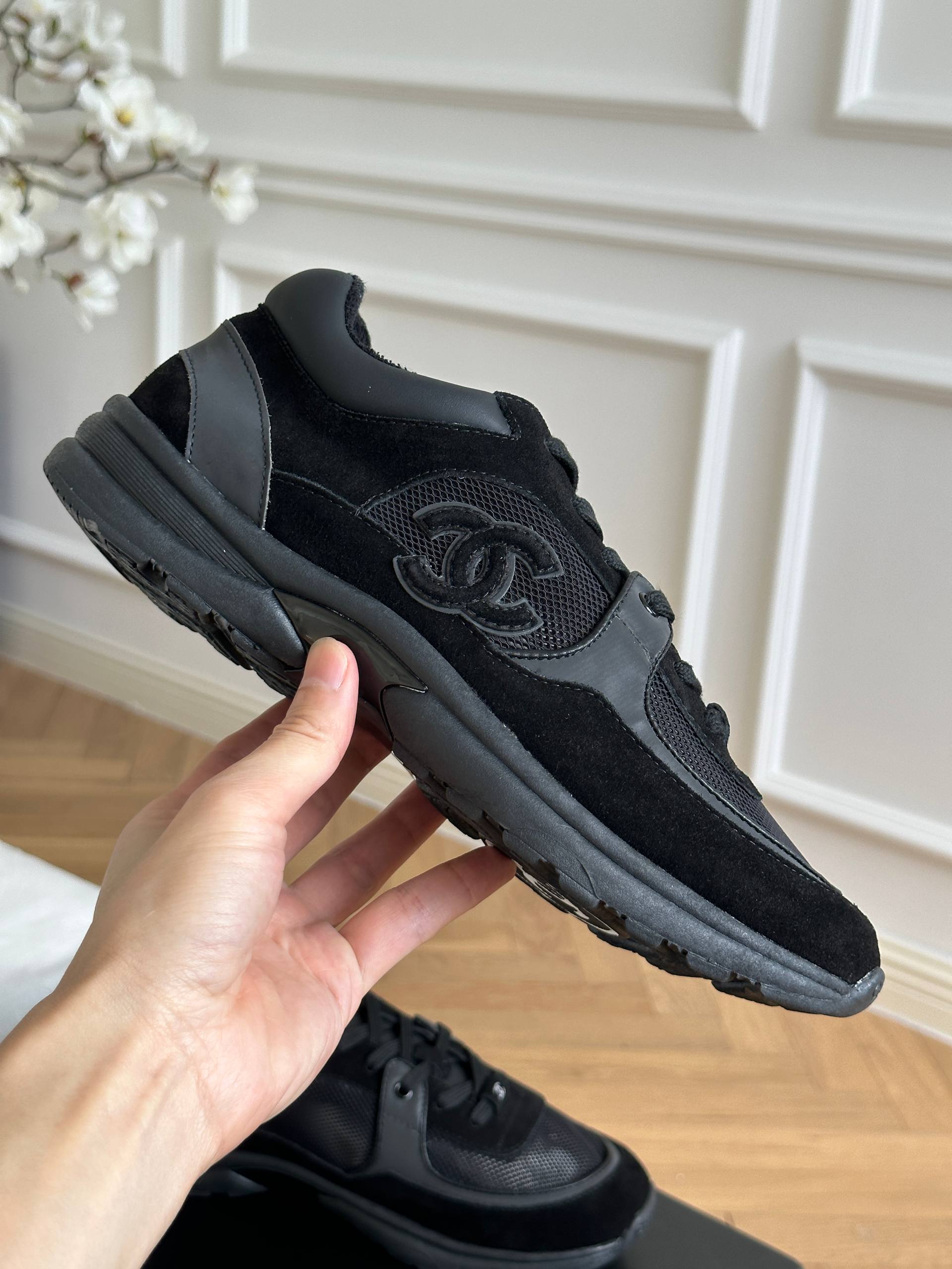 Chanel All-black Suede Mesh Panel CC Logo Low Top Sneakers
