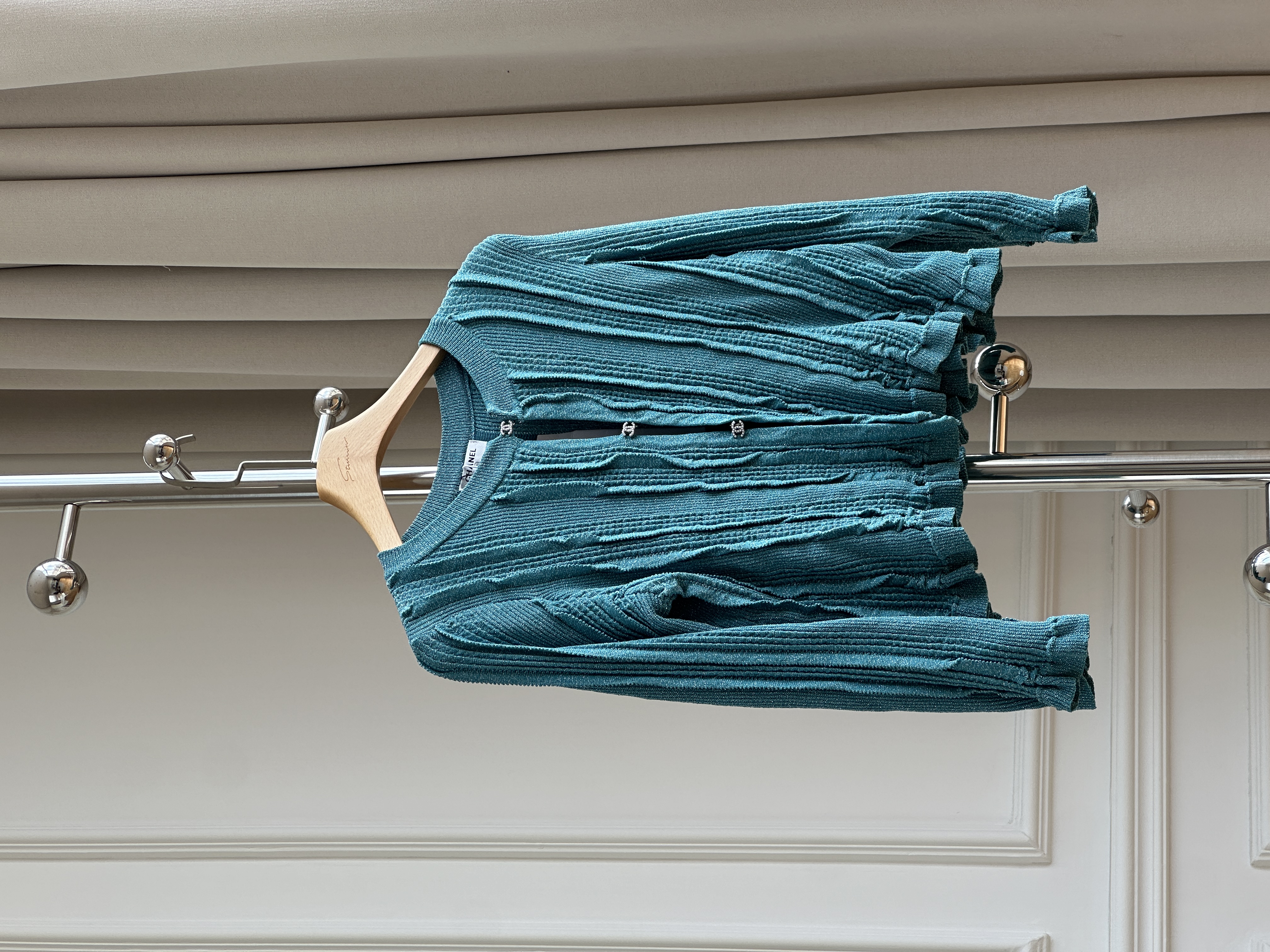 Chanel Peacock Blue Textured Vertical Rib Knit Cropped Cardigan With Silver Interlocking CC Buttons