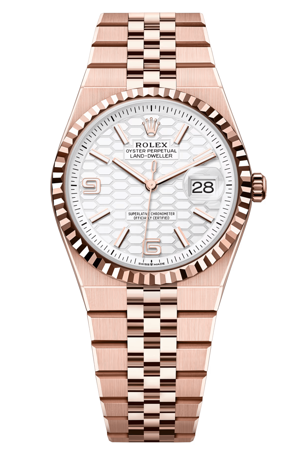Rolex Land-Dweller 36mm Everose Gold Fluted Bezel White Honeycomb-Motif Dial Flat Jubilee - 127235 - New 2025【1:1 Replica】