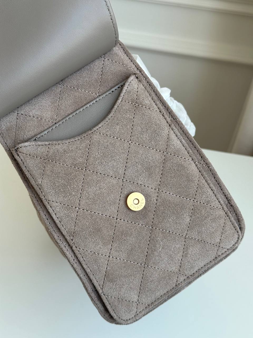 Chanel Taupe Suede Quilted Drawstring Chain Handle Tote Bag