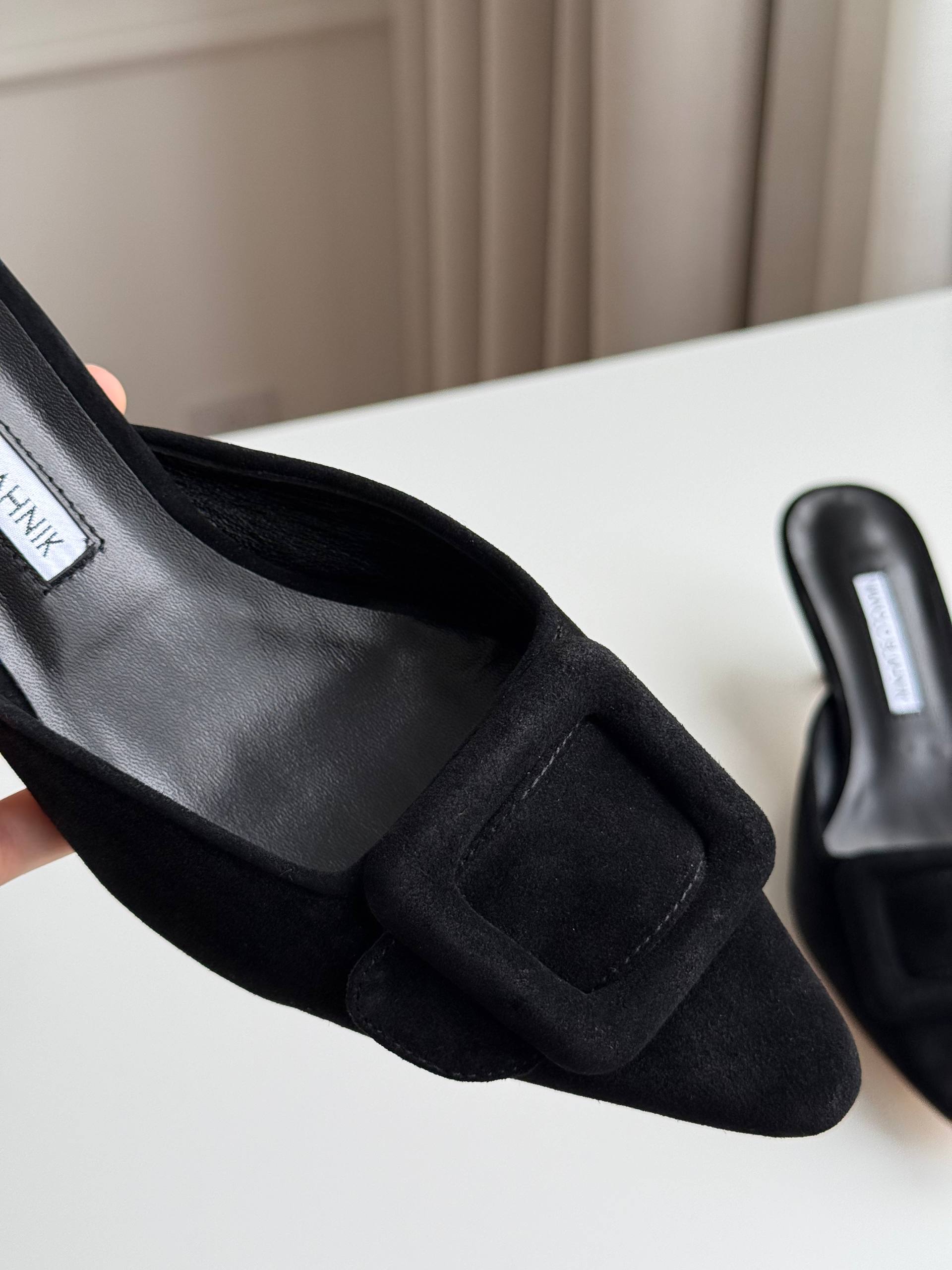 Manolo Blahnik Square Buckle Suede Pointed-Toe Stiletto Mules