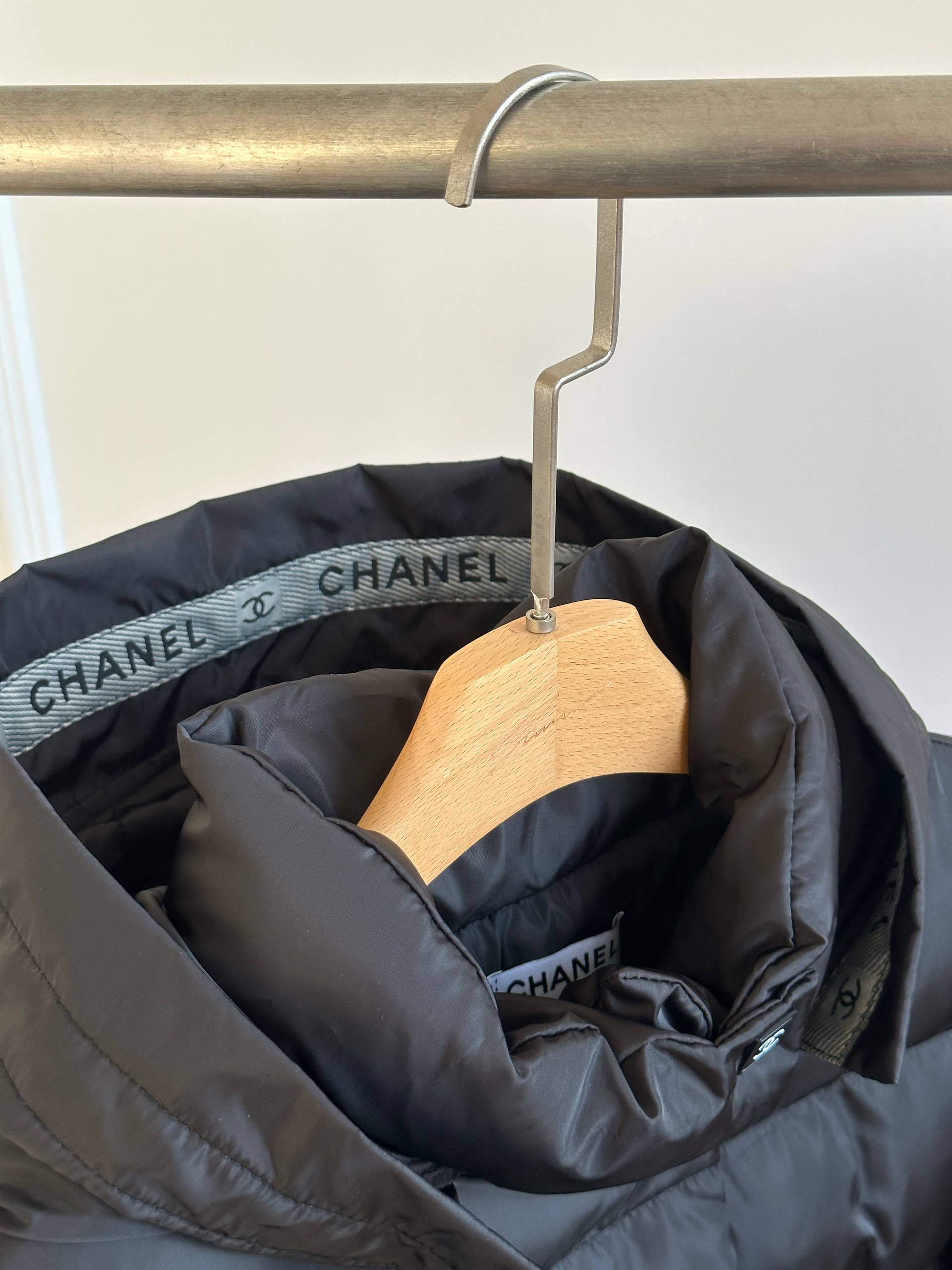 CHANEL Hooded Cropped Puffer Down Jacket with Square CC Patch & Logo Cuff Ribbons