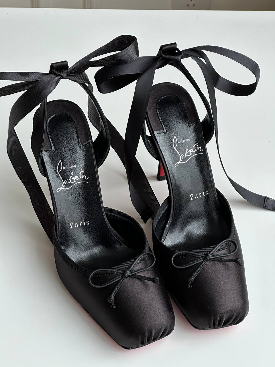 Christian Louboutin Black Satin Double Bow Tie Slingback Stiletto Heels With Iconic Red Sole